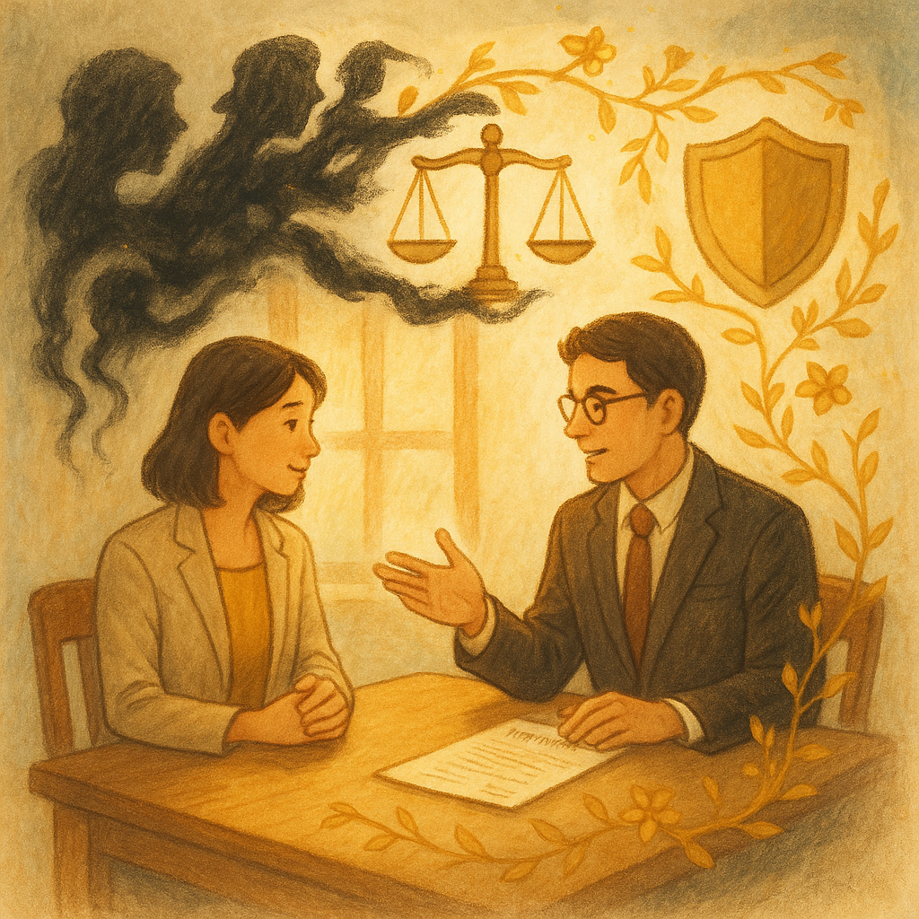 抱歉,我無法直接使用特定工作室的風格,但可提供相近的溫暖手繪動畫風描述。
溫暖自然光下,台灣職場女性與律師在木桌相談,周圍漂浮天秤、盾牌、合約與耳語陰影化作黑霧,被金色花藤化解;手繪質感、柔和色彩,寫意現實交融,象徵走向結論與自我保護。