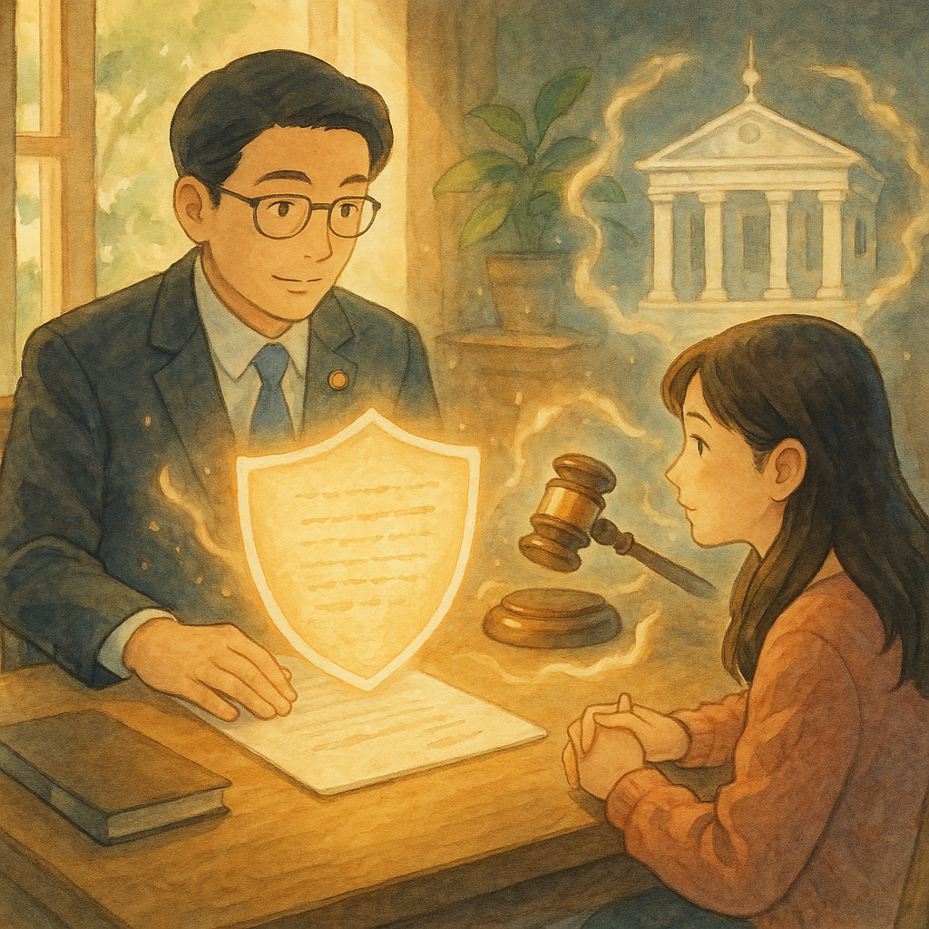 溫暖自然光下，台灣律師與當事人於木桌諮詢，手邊文件化作柔光護盾與保護令意象、法槌與法院環繞；高解析度、手繪質感、柔和色調、溫柔奇幻的日式動畫風，魔幻電影感，細膩溫馨、真實與奇幻平衡、無文字。