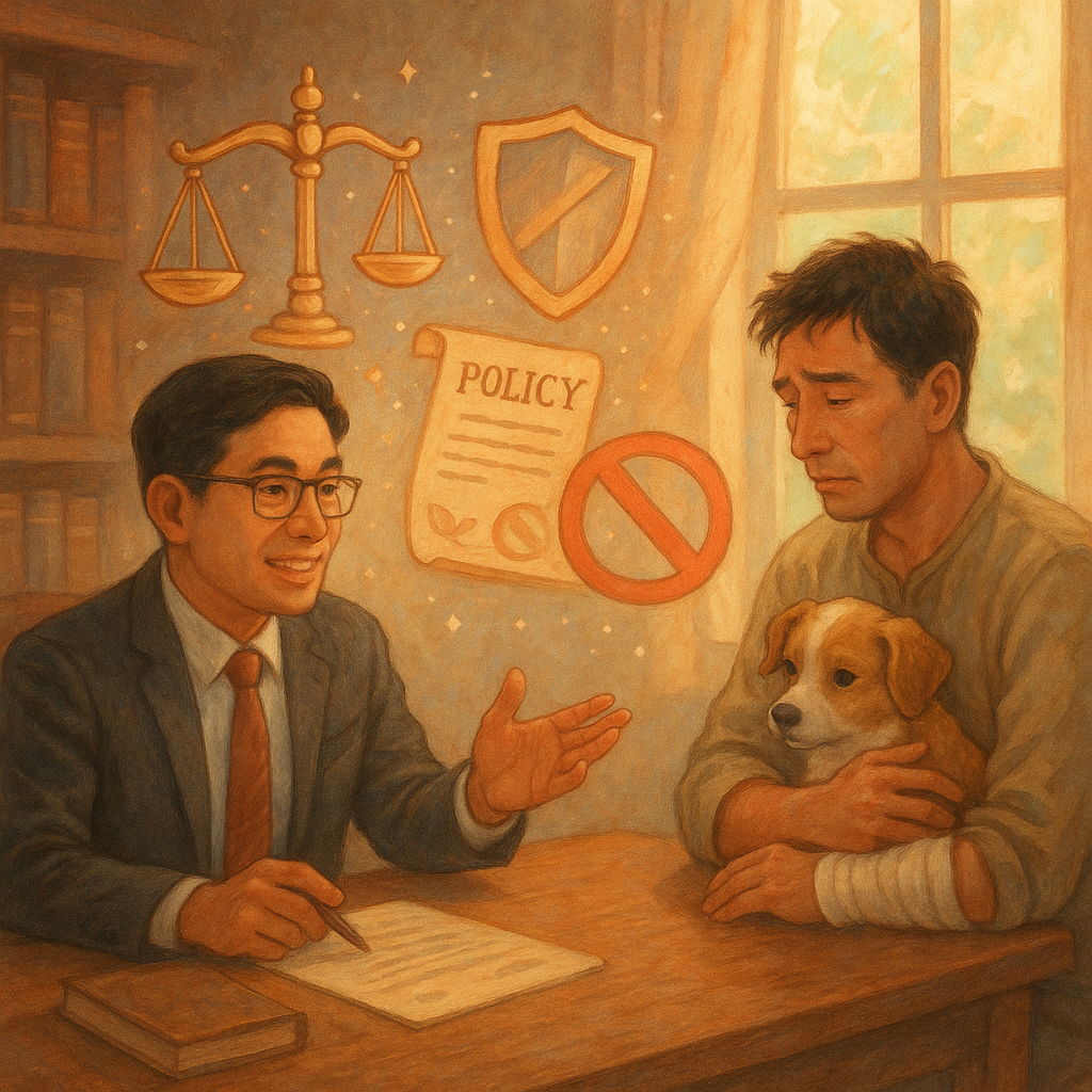 溫暖自然光的律師事務所內，台灣人律師與飼主諮詢；飼主手纏繃帶、小狗依偎。桌上漂浮天秤、保單、盾牌與紅色斜線圖示，寓意寵物咬傷求償中的爭議、拒賠與風險控管；手繪質感、柔色、魔幻氛圍、無文字。