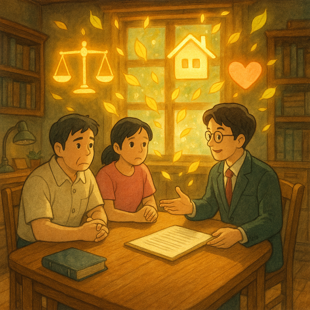 吉卜力風手繪場景：溫暖木質事務所裡，台灣父母與律師圍桌諮詢；窗光灑落，漂浮的天秤、家屋與心形圖示環繞，化作發光樹葉，象徵監護權抉擇與守護。畫面無文字。