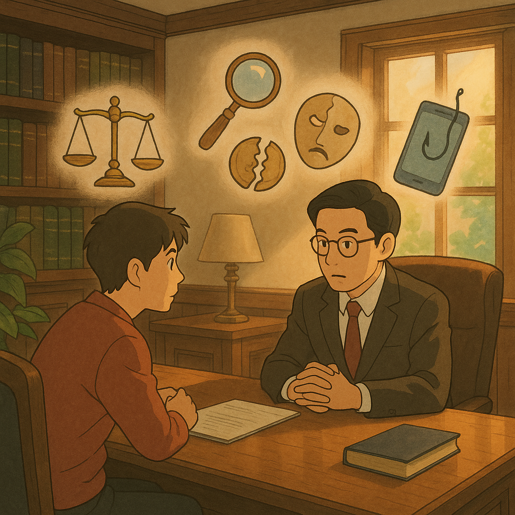 吉卜力風溫暖場景:木質律所內,台灣籍律師與當事人專注會談,柔光灑落。桌上漂浮手繪象徵——天秤、放大鏡、破碎硬幣、面具與手機釣魚幻影,暗示詐欺罪調查;自然手繪質感、無文字。