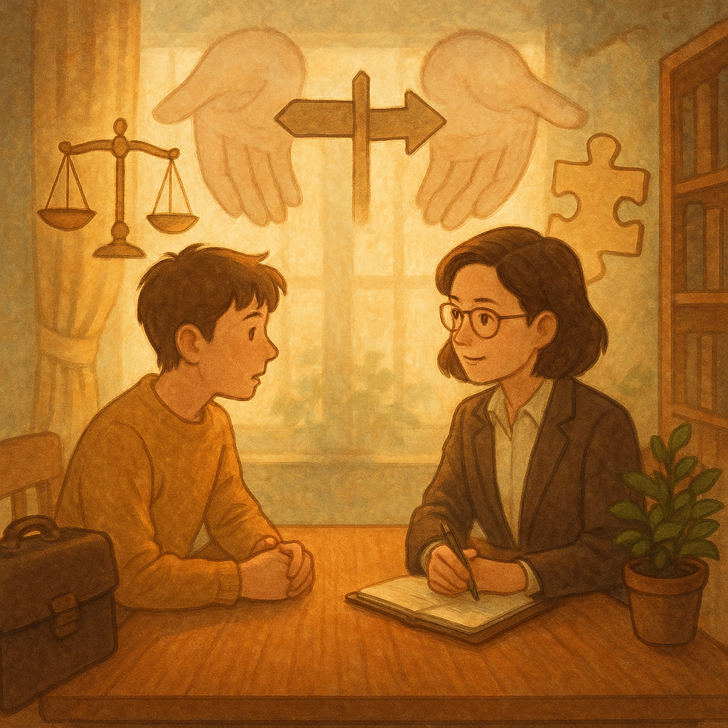 溫暖童話般電影感的手繪動畫風，柔和自然光與細膩質感；台灣律師與當事人在木桌諮詢，周圍漂浮天秤、分岔路與拼圖，背後一雙半透明援手暗示幫助犯與情境變體。畫面無文字。