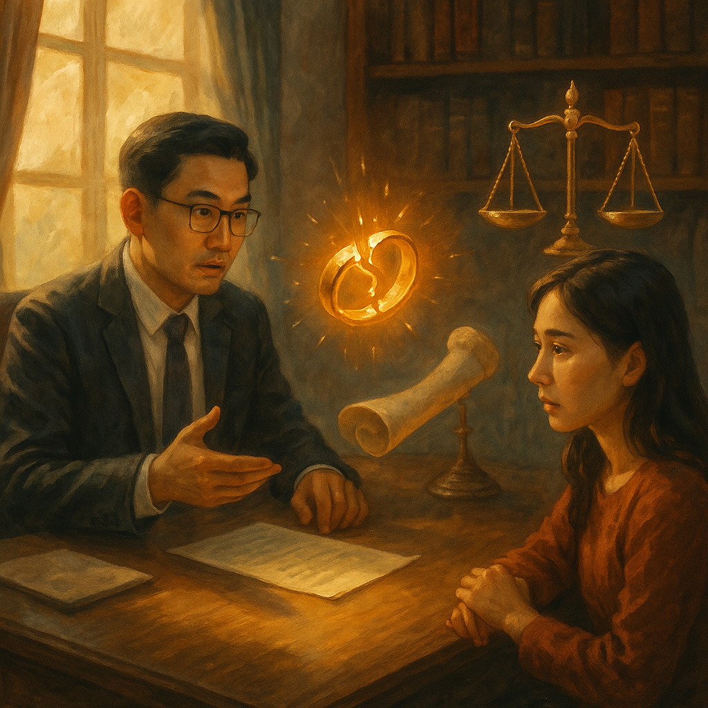 溫暖陽光灑落的律師事務所裡,台灣律師與當事人諮詢;桌上發光的破裂婚戒、天平與契約卷軸漂浮,象徵外遇求償與行動指引,柔和手繪質感、電影感與故事感的奇幻氛圍,畫面無文字。