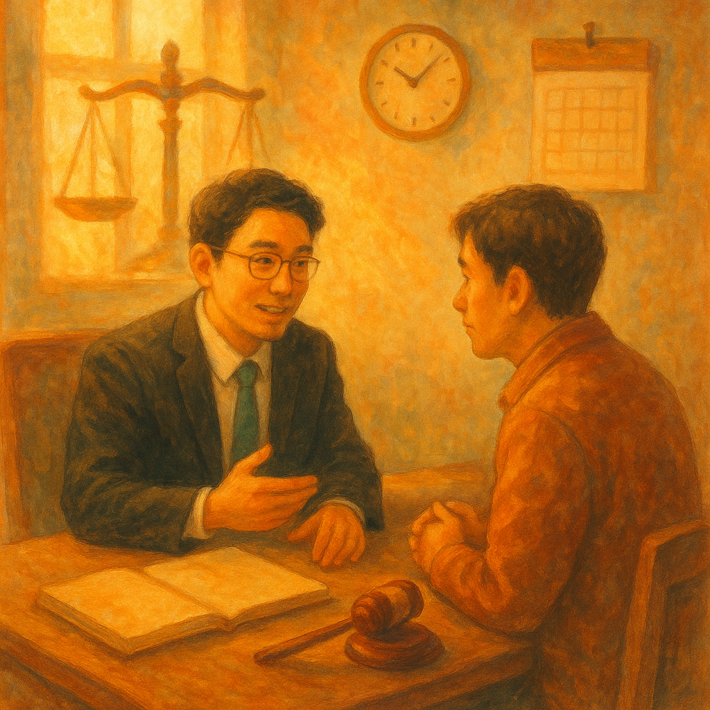 暖色手繪、日系電影感的法院一隅，台灣律師與當事人溫和相談；自然光暈中浮現天秤、法槌、無字卷宗、無數字日曆與時鐘，象徵執行事件訴訟常見問題的流程與時效，細節溫潤、奇幻而寫實。