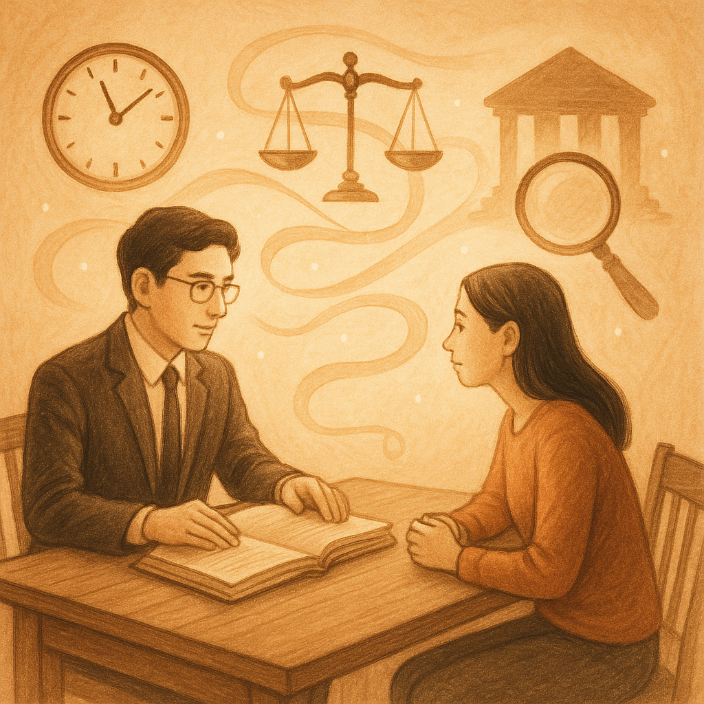 柔光下，台灣律師與當事人圍坐木桌諮詢；桌上案件卷宗微光流轉，天平與時鐘幻化為漂浮符號，象徵再審的時間絲帶回環；遠處法院剪影與放大鏡交織，手繪質感溫暖奇幻，無文字。