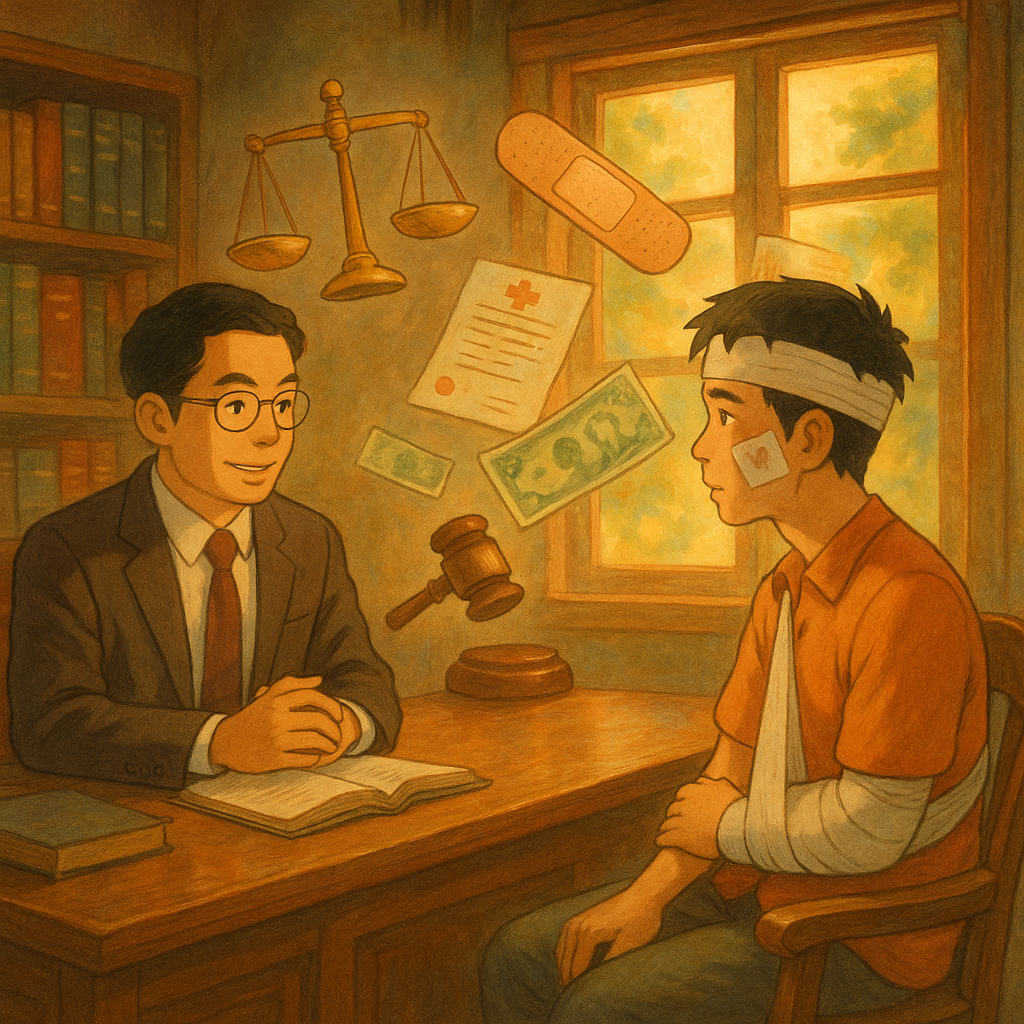 吉卜力風格的溫暖場景:台灣人律師與受傷民眾在木質事務所對談,窗外柔光,帶點魔幻。空中漂浮象徵打架致傷求償的天平、創可貼、醫療單據、鈔票與判槌,細膩筆觸、無文字。