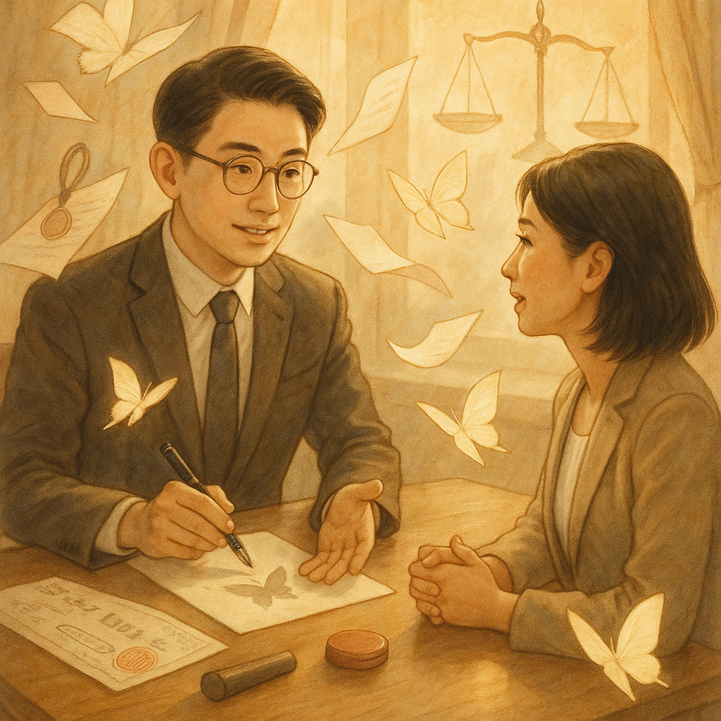 溫暖自然光下,台灣人律師與企業主在木質桌邊諮詢,手繪票據、印鑑與天秤輕盈環繞,紙張化作光蝶飄舞;柔和色調與細膩質感營造奇幻、電影感且專業的結論與建議氛圍,沉浸而動人。