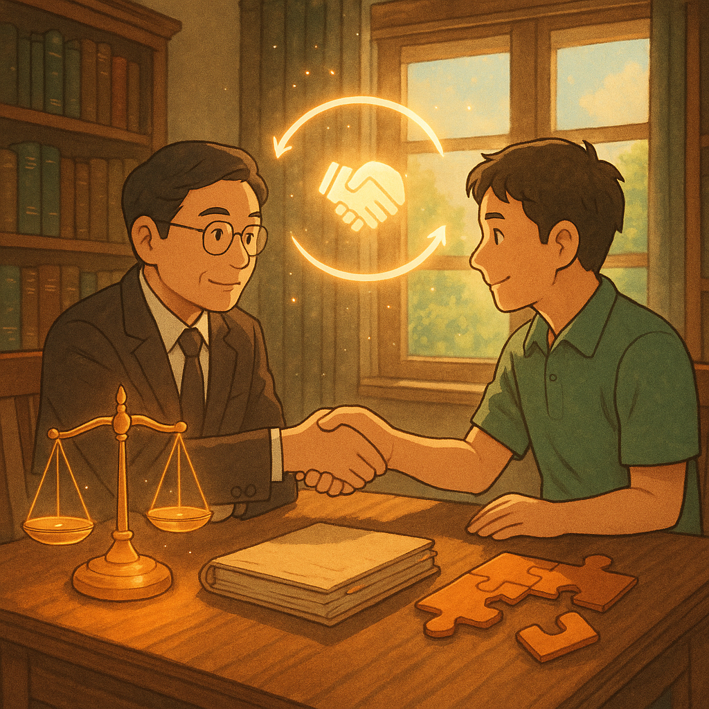 吉卜力風格溫暖場景:台灣律師與當事人於木質書房輕聲協商,桌上發光天秤、卷宗與拼圖合攏,窗外柔光;漂浮符號與微光展現減刑與和解,握手使兩條道路匯聚,手繪質感無文字。