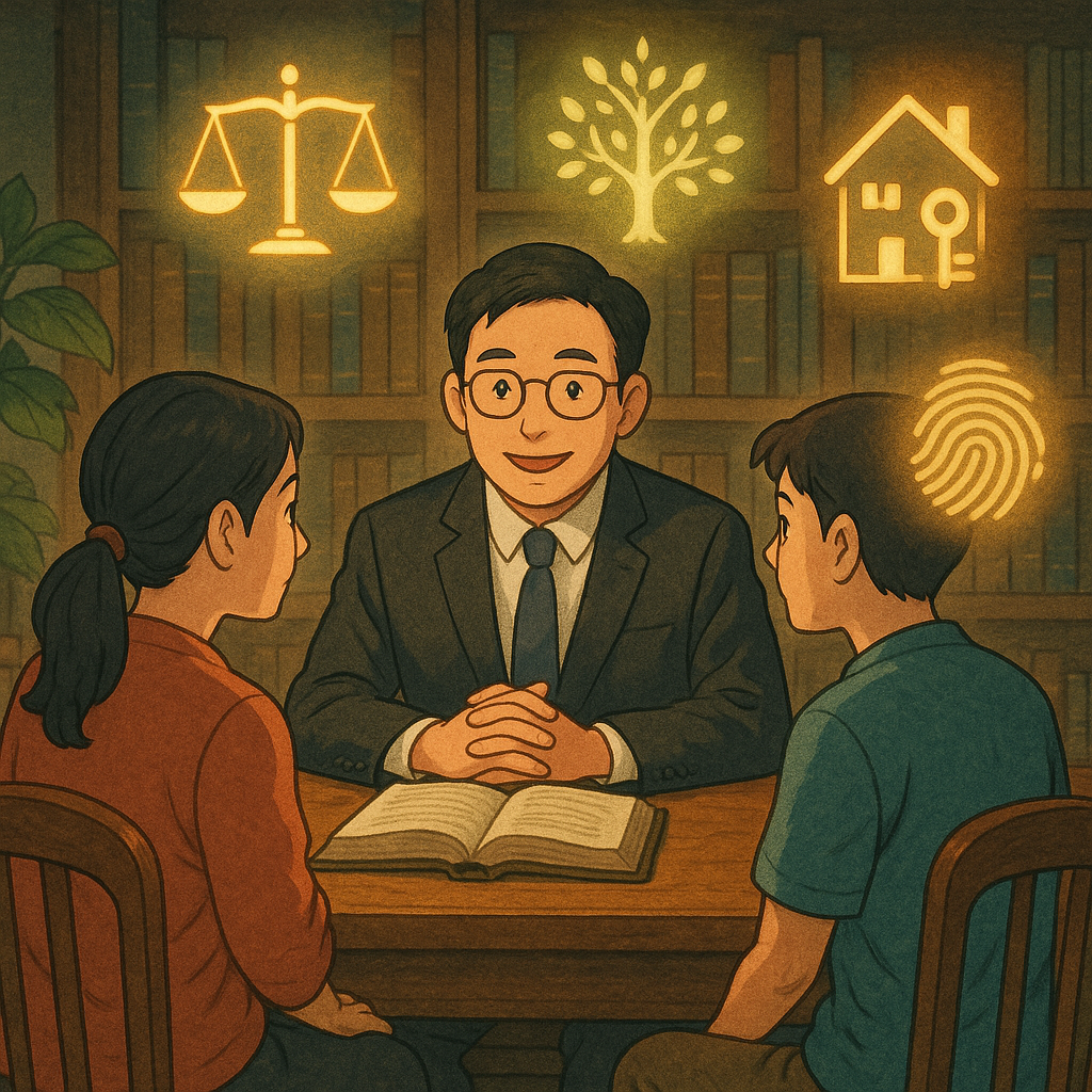 吉卜力風格、手繪質感與溫柔光影下，台灣人律師與家屬在木質書桌前諮詢；周圍漂浮發光符號：天平、家譜樹、房屋與鑰匙、無字卷軸與指紋，像精靈般環繞，象徵繼承常見問題的關鍵議題。