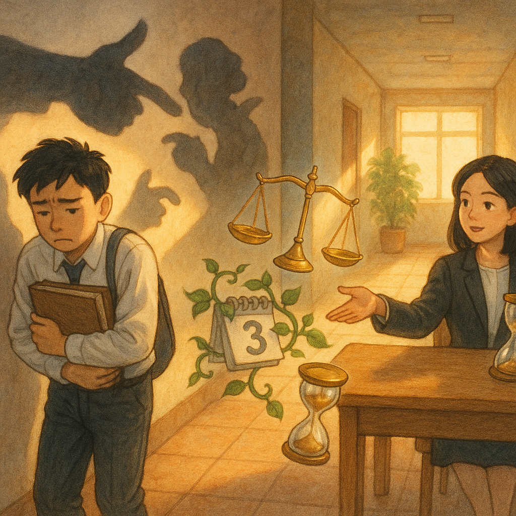 清晨自然光灑進辦公室走廊,一位台灣上班族縮著肩捧資料,身後牆面影子誇張成指責與嘲笑的手勢;前方溫暖角落,一位台灣女律師在木桌旁伸手接引,桌上漂浮金色天秤、日曆藤蔓與滴落沙漏,象徵爭點與延誤風險。手繪質感、柔色光影、吉卜力式奇幻氛圍,無文字。