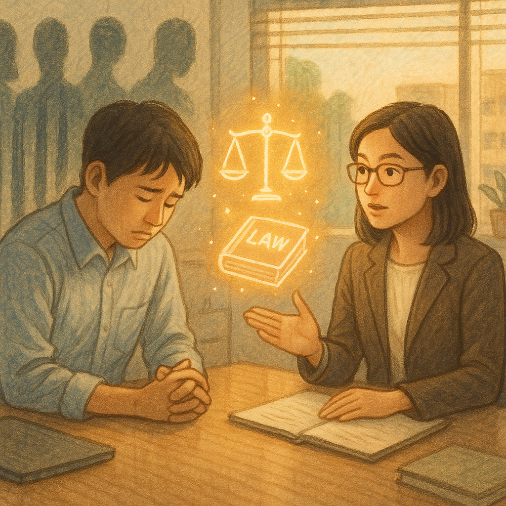 溫潤自然光下，台灣職場辦公室裡，一名受霸凌的台灣員工與台灣律師諮詢；柔和色調、手繪質感中，天秤與法典化作微光符號在空中緩緩飄浮，同事陰影化作長形壓力線，呈現法律介入與改變的希望，並營造溫暖魔幻氛圍。