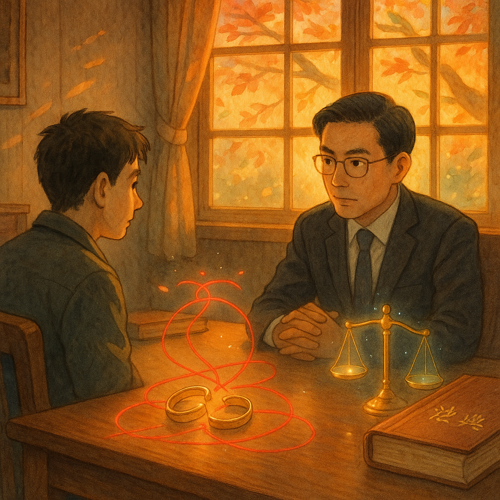 暖色夕光灑入木質事務所，台灣律師與當事人對坐，神情專注，桌上裂開戒指、交錯紅線與天秤微光漂浮，旁邊合起的法典泛著柔光；窗外風拂櫻葉，吉卜力式手繪溫柔奇幻，細膩筆觸，不含文字。