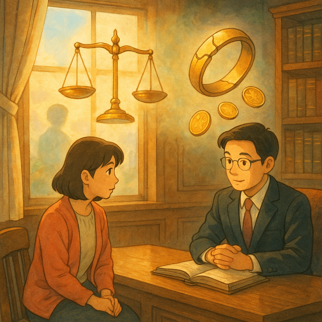 溫暖自然光下,輕柔魔幻氛圍,台灣人律師與當事人在木質事務所諮詢,空中漂浮天秤、裂紋婚戒與金幣,象徵告第三者求償;窗外朦朧第三者人影與柔和城市雲氣,吉卜力式手繪質感,無文字。