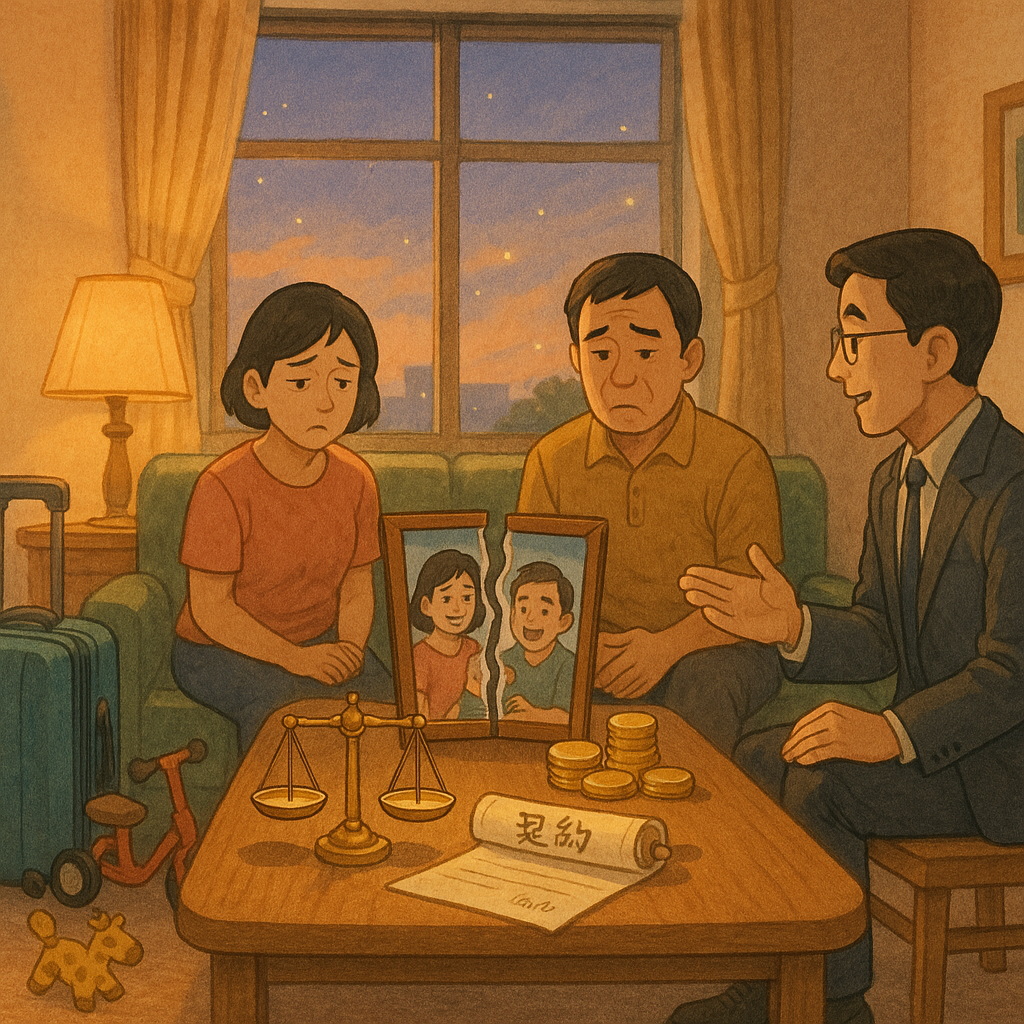 溫暖細膩手繪動畫感場景：暮色中，台灣家庭客廳裡，一對台灣父母隔著裂成兩半的相框而坐，旁有行李箱與玩具。桌上天秤、契約卷軸與賠償金幣沐浴在柔和自然光，台灣律師溫和諮詢，窗外光粒漂浮增添奇幻感。