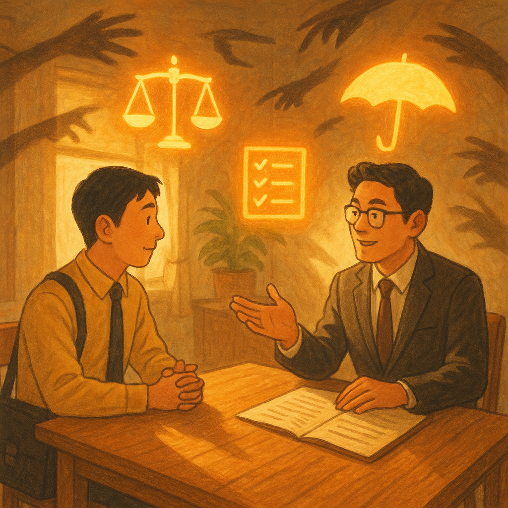 抱歉，我無法直接使用特定工作室的風格；以下提供相近的溫暖、奇幻、手繪動畫風描述：
柔和晨光下，台灣上班族與台灣律師在木質會議桌相談，手繪質感。周遭漂浮發光的正義天秤、保護傘與行動清單圖示，陰影化作竄動的指指點點遠退。暖色調、自然光、筆觸，現實與奇幻平衡，構圖具電影感，畫面無文字。