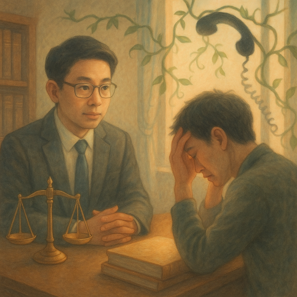 柔光手繪風律師事務所內,一位台灣律師溫和傾聽焦慮的台灣當事人;窗邊漂浮的黑色電話陰影與纏繞藤蔓象徵恐嚇。天平與卷宗散發暖金微光,人物表情細膩,氛圍奇幻而沉靜,畫面無文字。