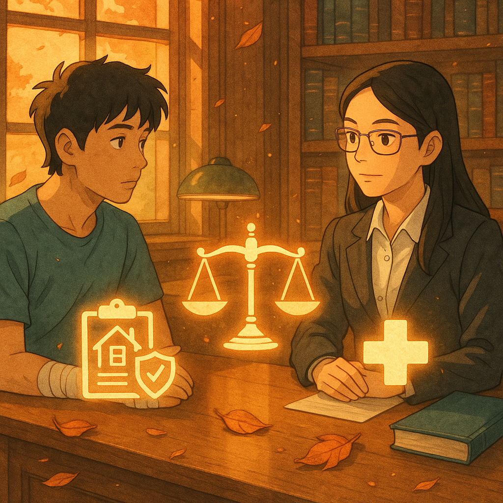 吉卜力風格的高解析插畫：夕光下，台灣男青年手纏繃帶，與台灣女律師在溫暖木質事務所對談；桌上浮現發光的天秤、保險與醫療圖示，落葉與微塵環繞，無文字。