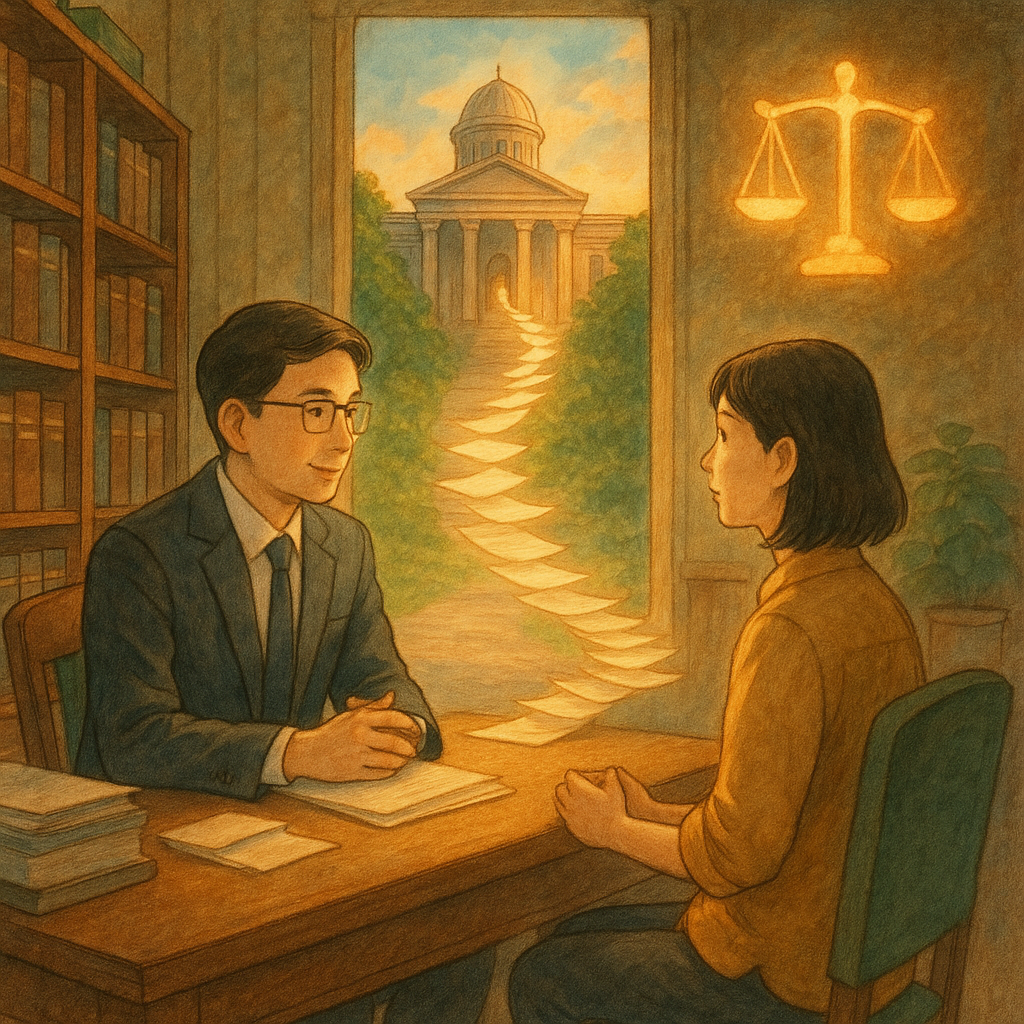 吉卜力風溫暖場景、柔和自然光與手繪質感、高解析：台灣律師與當事人在木質書房對談，紙張化作光羽旋起成階梯，通往遠處發光法院；天平與木槌化作柔光圖騰，象徵抗告逆轉希望，無文字。