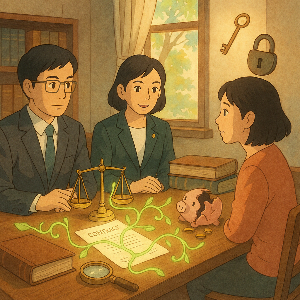 吉卜力風溫暖、手繪質感的律師事務所內,兩位台灣律師與客戶對談,桌上契約化作發光藤蔓連結天平與碎裂存錢筒、卷宗與放大鏡,窗外自然光灑入,漂浮的鑰匙與鎖影象徵背信與信任重建。