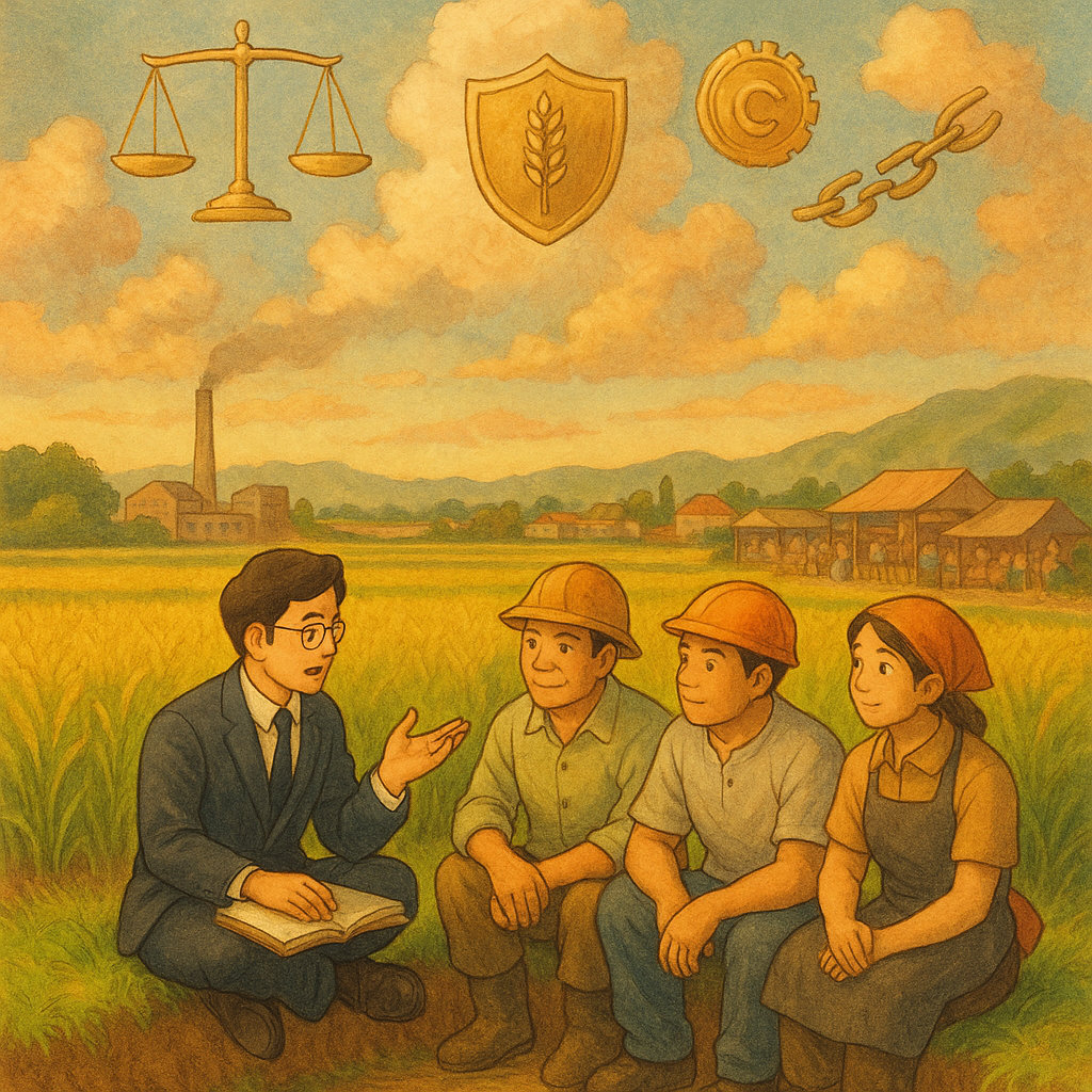 溫暖自然光下，吉卜力風格高解析插畫：台灣律師與農民、工人、商販圍坐田埂上諮詢，天邊稻浪、工廠與市集交織。天上浮現正義天秤、稻穗盾牌與齒輪、貨幣象徵、斷裂鎖鏈，柔和手繪質感，現實與奇幻平衡，無文字。