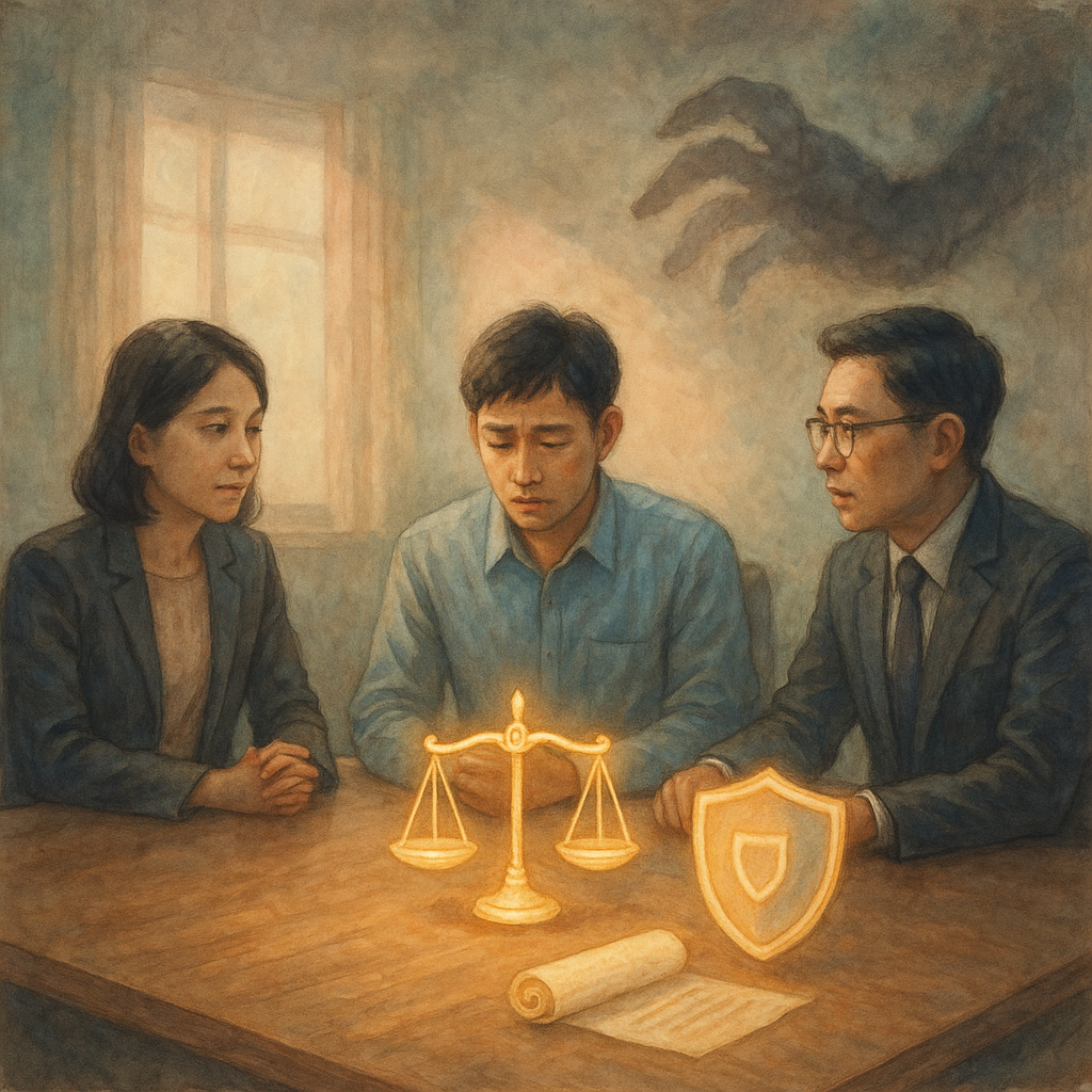 溫柔光影下，台灣職場會議室裡，受霸凌的年輕員工與律師、HR坐談；木桌上浮現發光的天秤、盾牌與合約卷軸意象，角落陰影化作消散的巨手；手繪質感、柔色奇幻、電影感敘事、沉浸細膩、無文字。