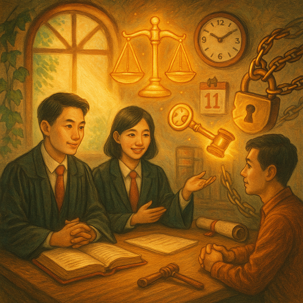 暖色自然光下，兩位台灣律師與當事人於童話感事務所交流，手繪質感。發光天秤、卷宗、法槌化作鑰匙解開資產鎖鏈，日曆與時鐘環繞，象徵執行事件訴訟結論與步驟；場景奇幻、電影感、細膩、無文字。