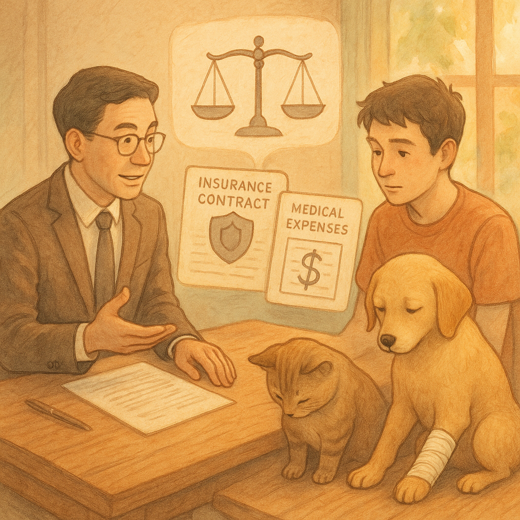 午后自然光下,台灣律師與年輕飼主在木桌諮詢,桌上浮現天秤、保險契約與醫療費用圖像;一旁乖巧犬貓低頭,受傷手纏繃帶。手繪質感、柔色溫暖且帶點奇幻,象徵寵物咬傷求償的結論與和解;畫面無文字。