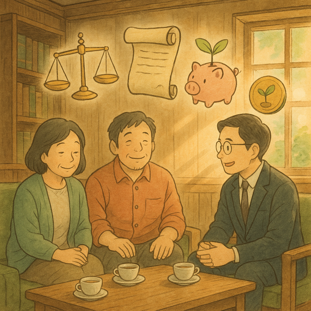 木質律所中，台灣父母與律師圍坐茶几，露出安心表情，柔光灑入。空中飄浮天秤、卷軸、存錢罐與長出嫩芽的硬幣，象徵撫養費與責任。童趣吉卜力筆觸、自然色調與手繪質感，溫暖而沉浸，無文字。