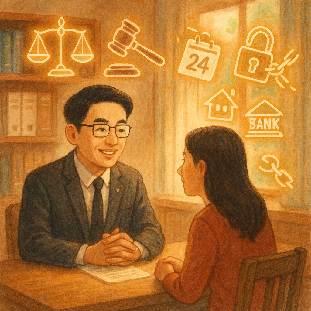 溫暖自然光下，台灣律師與委託人在木質事務所對談；周圍漂浮發光的天秤、法槌、法院公文、日曆與解鎖鎖鏈、房屋與銀行圖示，手繪質感與柔和色彩營造童話般電影感，象徵執行事件訴訟的FAQ諮詢情境。