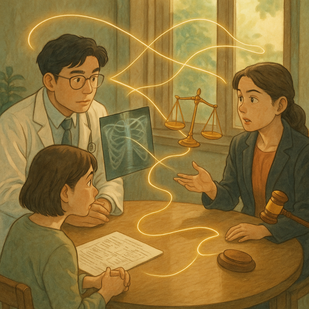 吉卜力風高解析、具電影感的插畫:柔色調台灣醫師、律師與病患在柔和自然光診間圓桌討論醫療糾紛,手繪病歷、X光與天平、法槌漂浮,發光絲線由事實串至常規再連向因果,不含文字,細膩、奇幻而寫實,角色表情豐富。