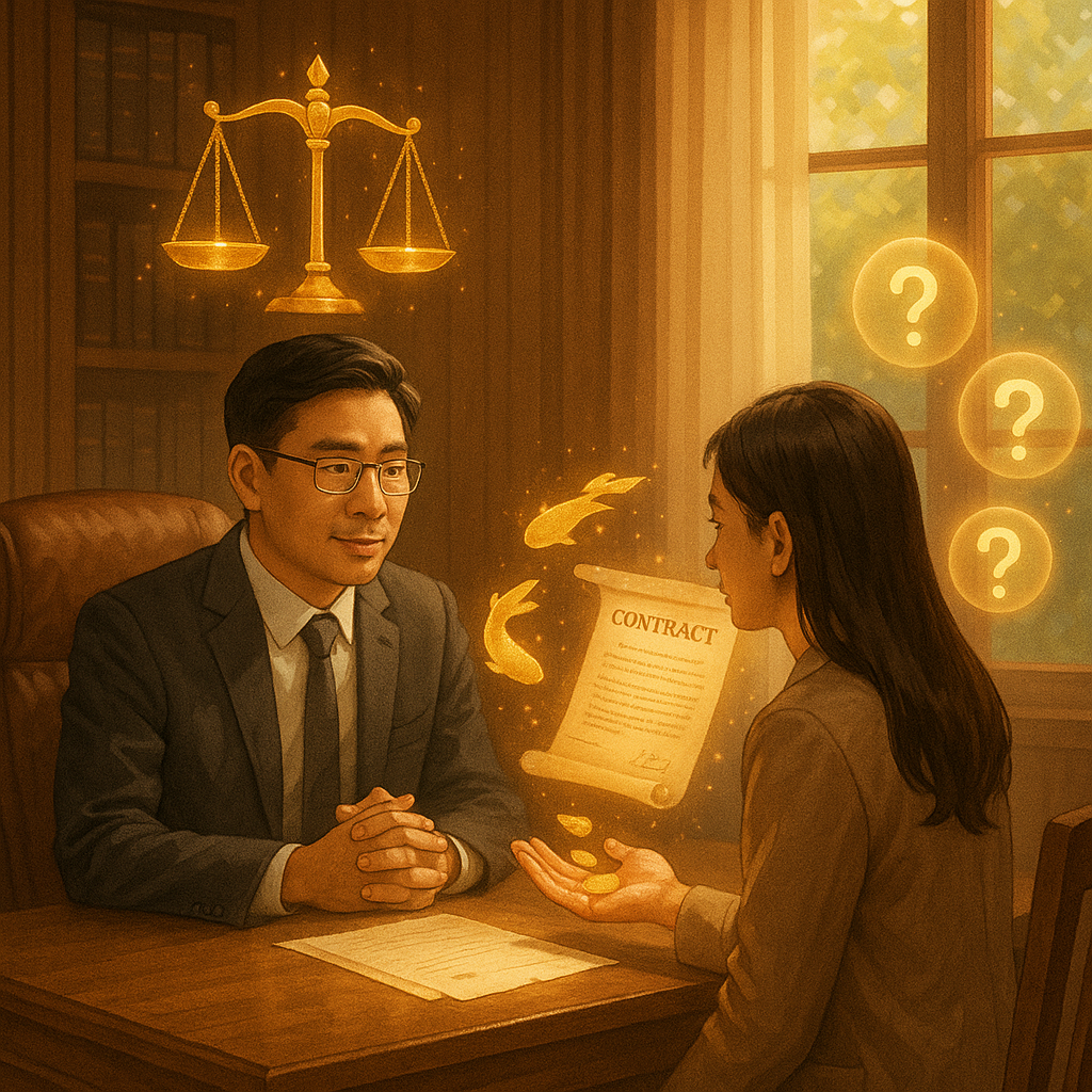 溫暖木質事務所裡，一位台灣律師與當事人對坐，窗外柔光灑落；漂浮的天秤與合約捲軸發出微光，金幣化作小魚逆流游回原主人掌心，旁側若隱若現的提問光球環繞，寓意不當得利與常見疑問。