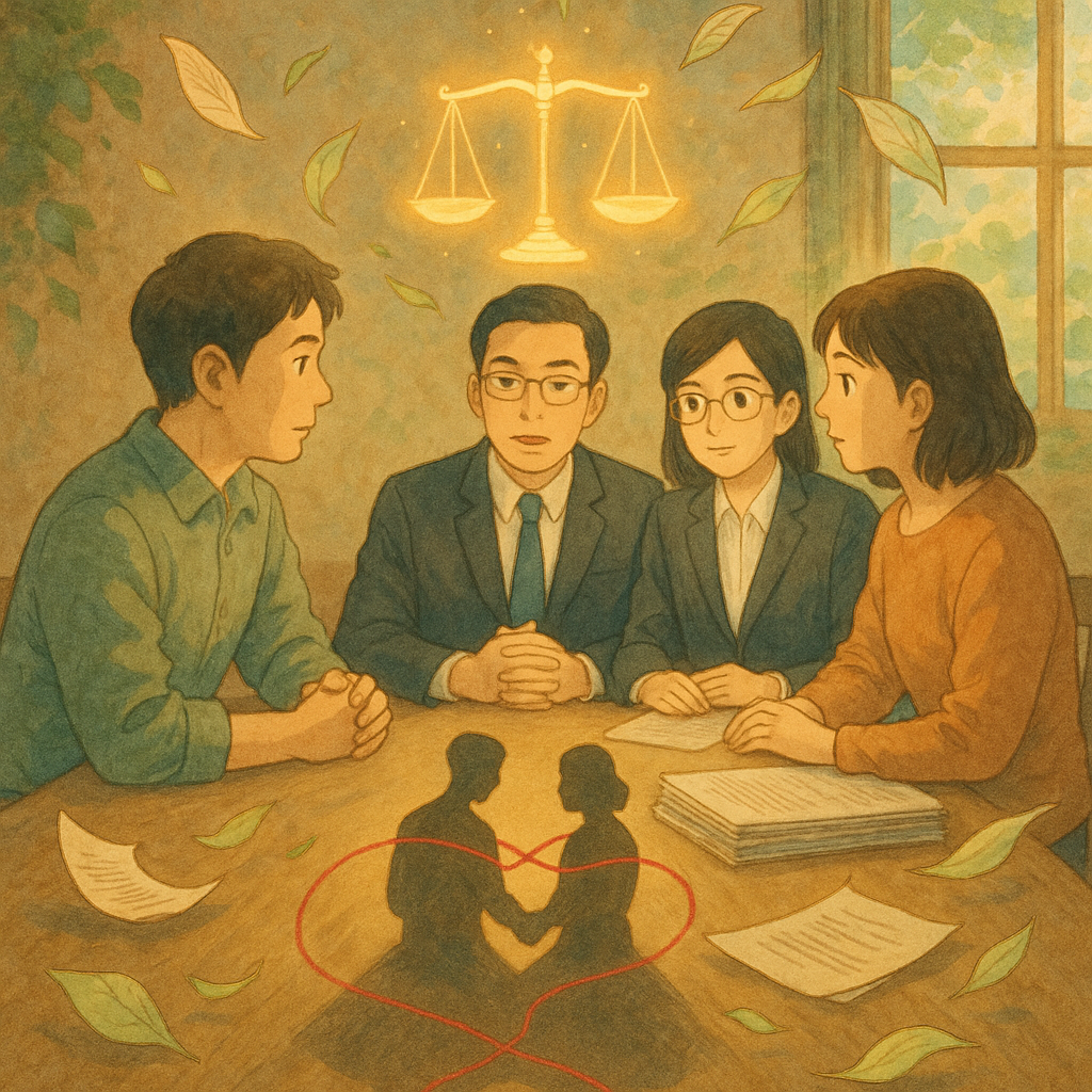 吉卜力風高解析插畫，柔和色彩與手繪質感：溫潤自然光與暖心奇幻氛圍中，兩位台灣律師與當事人圍桌諮詢；天秤在空中發光，紅線連結兩名當事人的影子合而為一，卷宗化作葉片旋繞，呈現共同正犯與法律解惑的象徵。