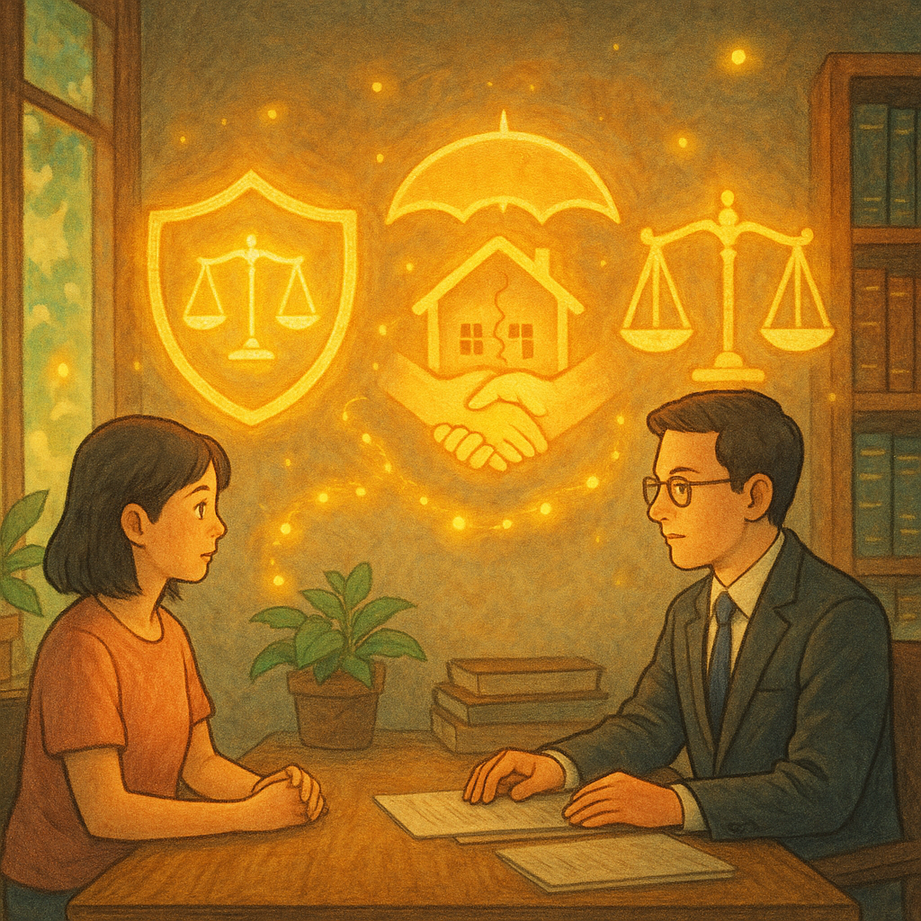 吉卜力式溫暖奇幻場景：柔光灑入手繪質感的法律諮詢室，台灣女性與專業律師對坐，神情專注且安心。發光的盾牌、天秤與傘庇護裂痕小屋與握住的手，螢火環繞象徵保護與求助流程，無文字、細節豐富。