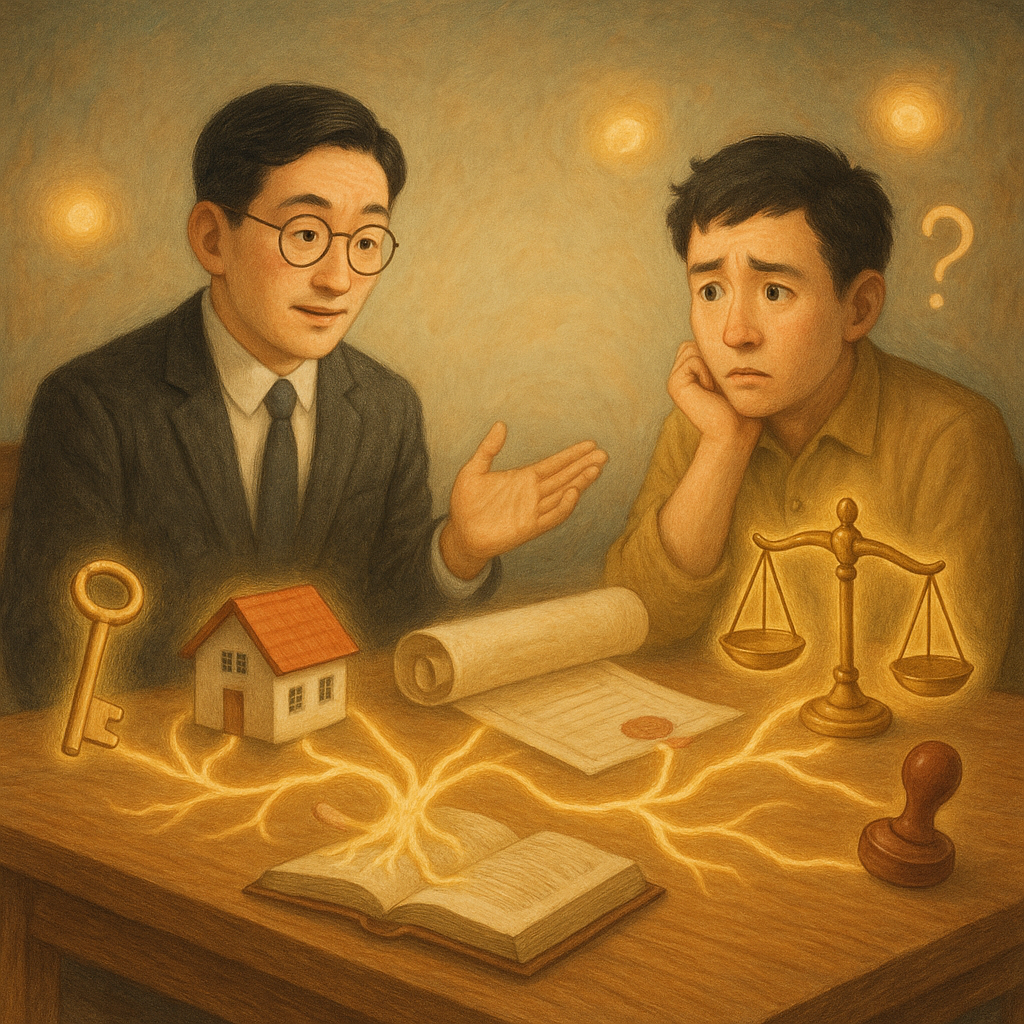 柔和自然光、細膩筆觸的奇幻手繪插畫：台灣律師與民眾帶著疑惑神情在木質長桌諮詢，桌上漂浮象徵所有權的金鑰、房屋與地契卷軸、天秤與印章，樹根形光帶連結物件，營造溫暖氛圍，周圍光球暗示提問；畫面無文字。