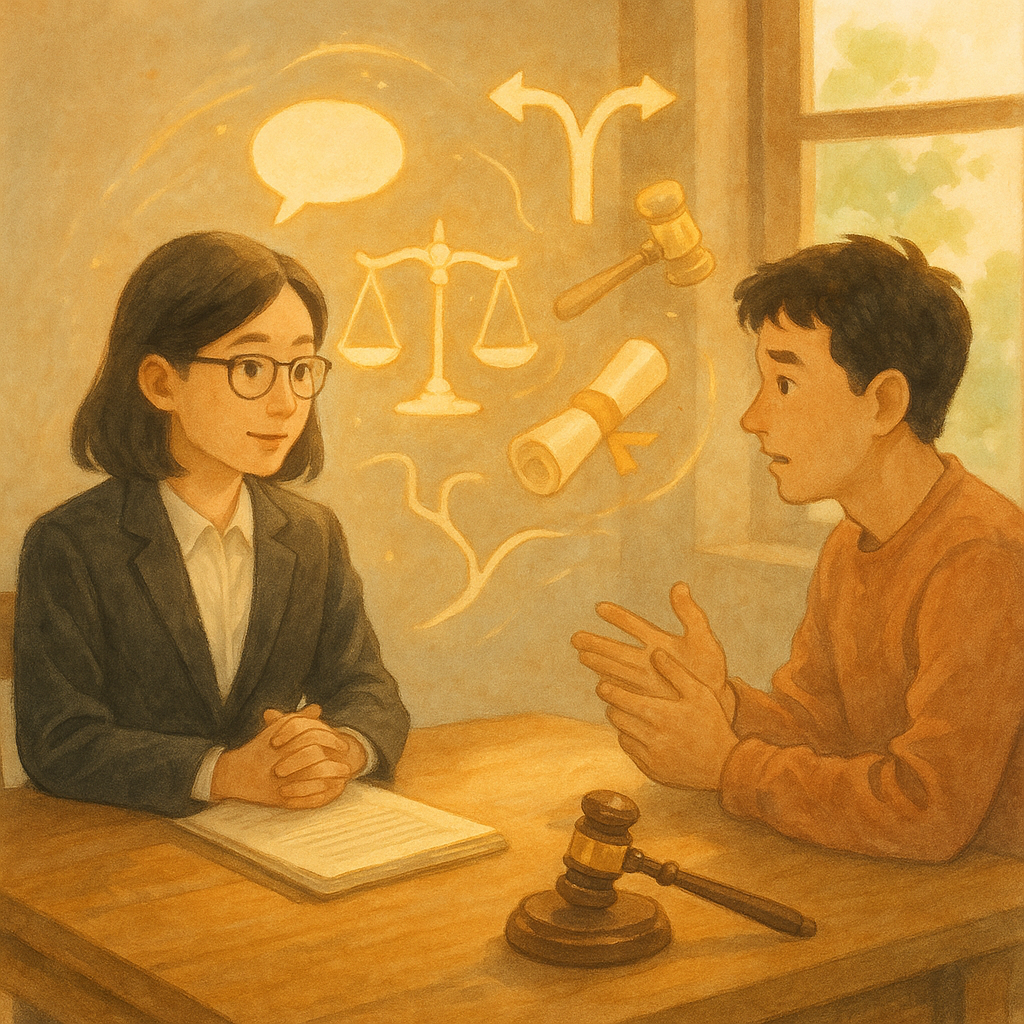 溫暖自然光下，台灣律師與當事人於木桌對坐，柔和手繪質感中，天平、法槌與卷宗化作靈動光影盤旋，無字對話泡泡與分岔小徑象徵認罪協商的選擇與疑問，氛圍童趣而電影感。