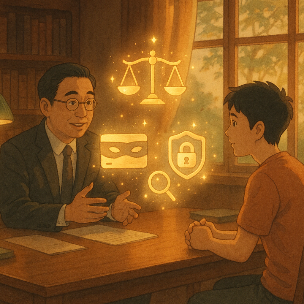 暖色傍晚裡，台灣律師與年輕民眾在木質事務所對談，窗外風拂樹影。桌面漂浮手繪圖標：銀行卡戴面具、鎖與天秤、放大鏡與盾牌，化作柔光精靈環繞，象徵人頭帳戶風險與解答。吉卜力式手感、柔焦自然光，無文字。