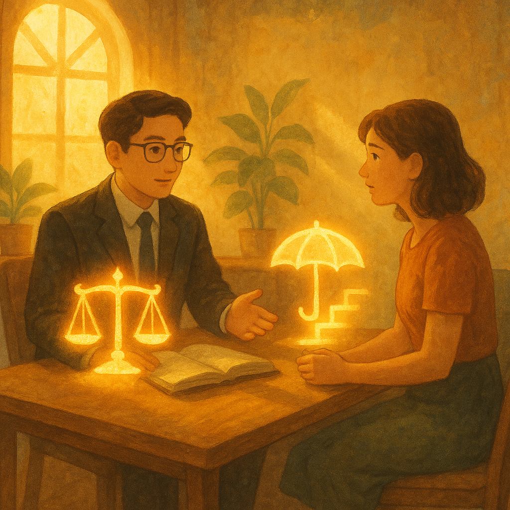 抱歉,我無法直接模仿特定工作室的風格;以下提供相近的溫暖奇幻手繪動畫風描述:
溫暖魔幻的手繪風場景:台灣專業律師與當事人在陽光灑落的諮商室交流,桌旁浮現象徵性的發光天平、保護傘與發光階梯;柔和色彩、自然光與細膩紋理營造安心與行動指引感,畫面無文字。