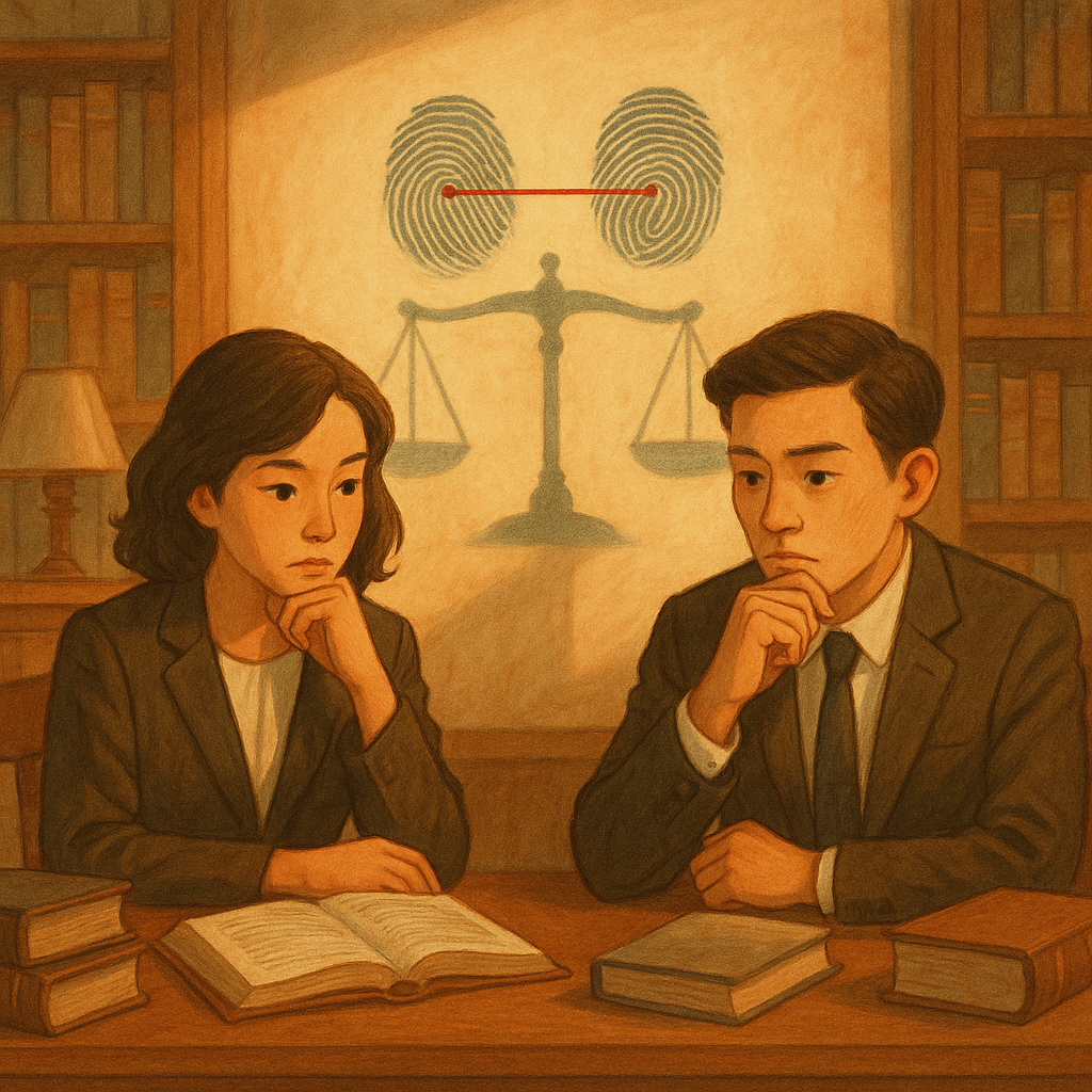 抱歉，我無法直接套用特定工作室的風格，但可提供相近的溫暖奇幻、手繪電影感描述如下：
溫暖奇幻的手繪電影感：台灣男女律師在木質書房沉思，柔光灑入、以柔和色調。兩枚指紋被紅線相連，拼合成天秤與共用的影子，象徵共同正犯的共同控制與責任。無文字、質感細膩。