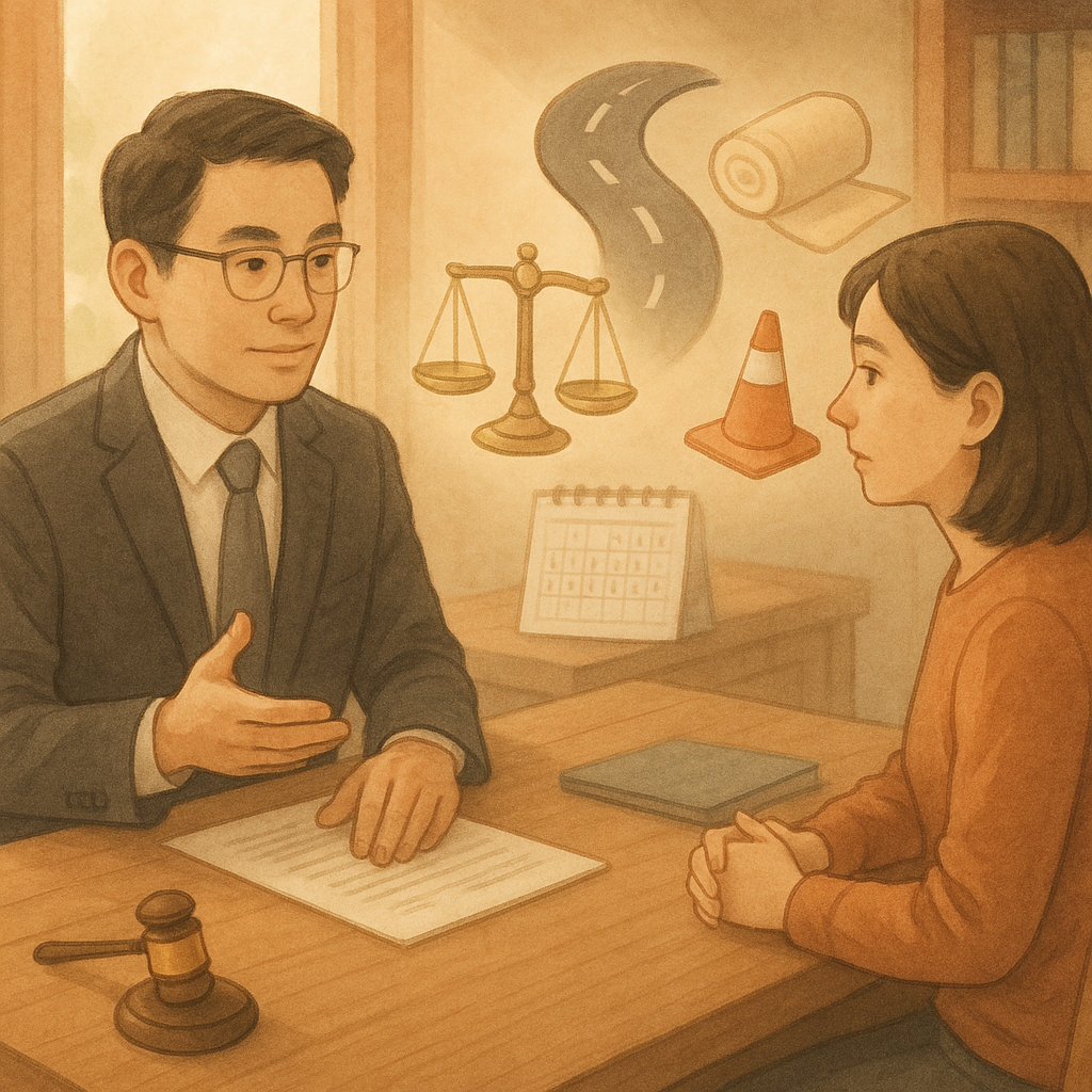 抱歉，我無法直接以特定工作室的風格創作；以下為相近氛圍的圖片描述：

溫暖自然光下，台灣律師與當事人於木質事務所對坐，神情專業溫和，手繪質感柔和。案桌上法秤、文件、日曆、繃帶與微縮道路、交通錐化作漂浮光影，象徵過失傷害的結論與行動建議；畫面無文字，寫實與奇幻平衡。