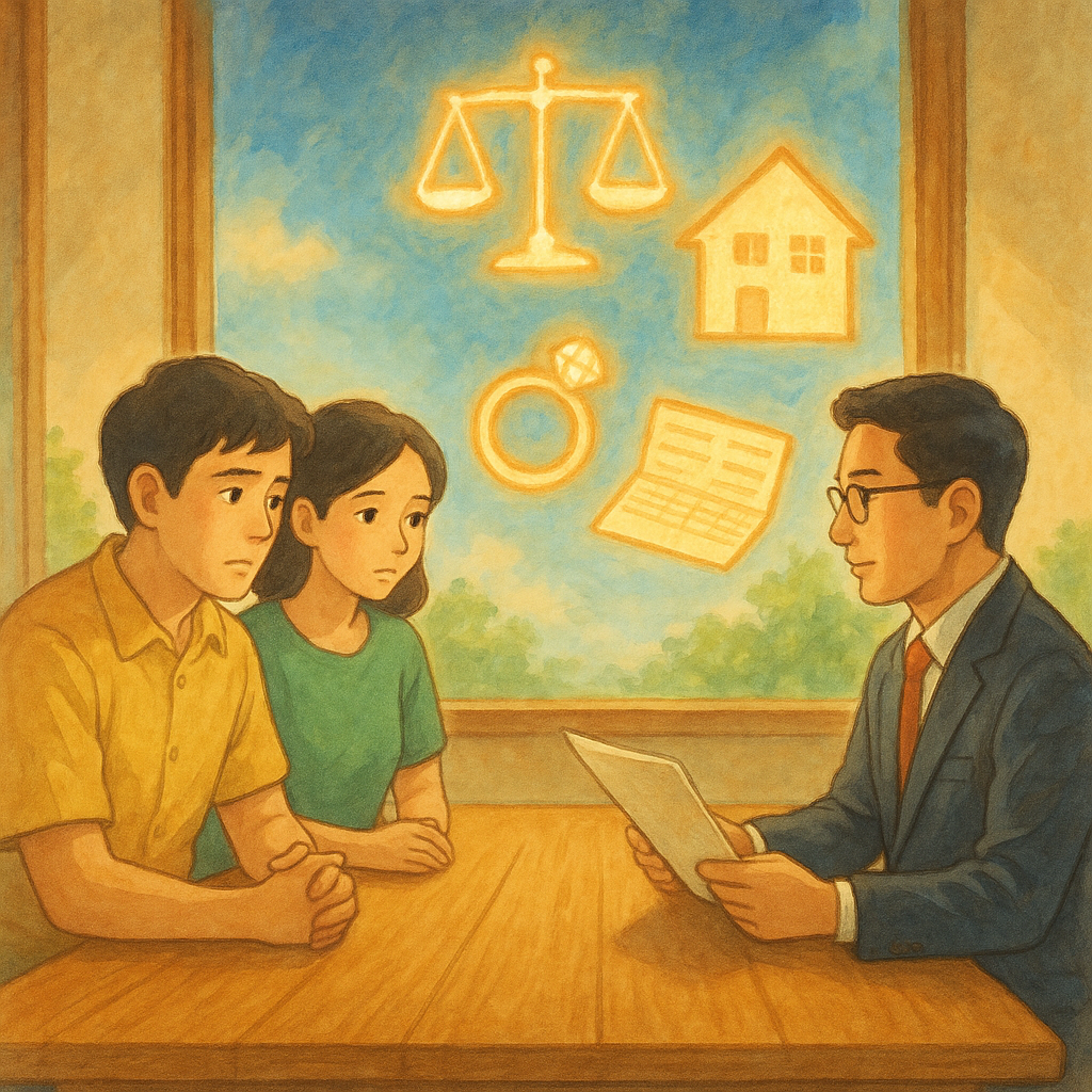 吉卜力般溫暖奇幻筆觸下，兩位台灣夫婦與專業律師在木質會談桌旁；自然光灑入，天光中浮現發光的天秤、房屋、戒指與存摺圖像，象徵離婚與分財產，手繪質感、無文字。