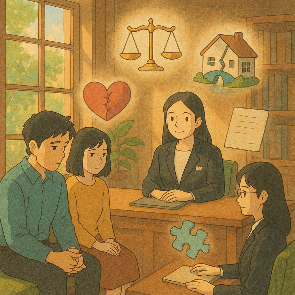 吉卜力式溫暖畫面：午後自然光映入木質諮詢室，台灣律師溫柔陪同一對疏離夫妻；周圍漂浮象徵——縫補裂痕的心、天平、分成兩半仍有小橋相連的房屋、拼圖與無字卷宗；柔色手繪質感，魔幻而沉靜。