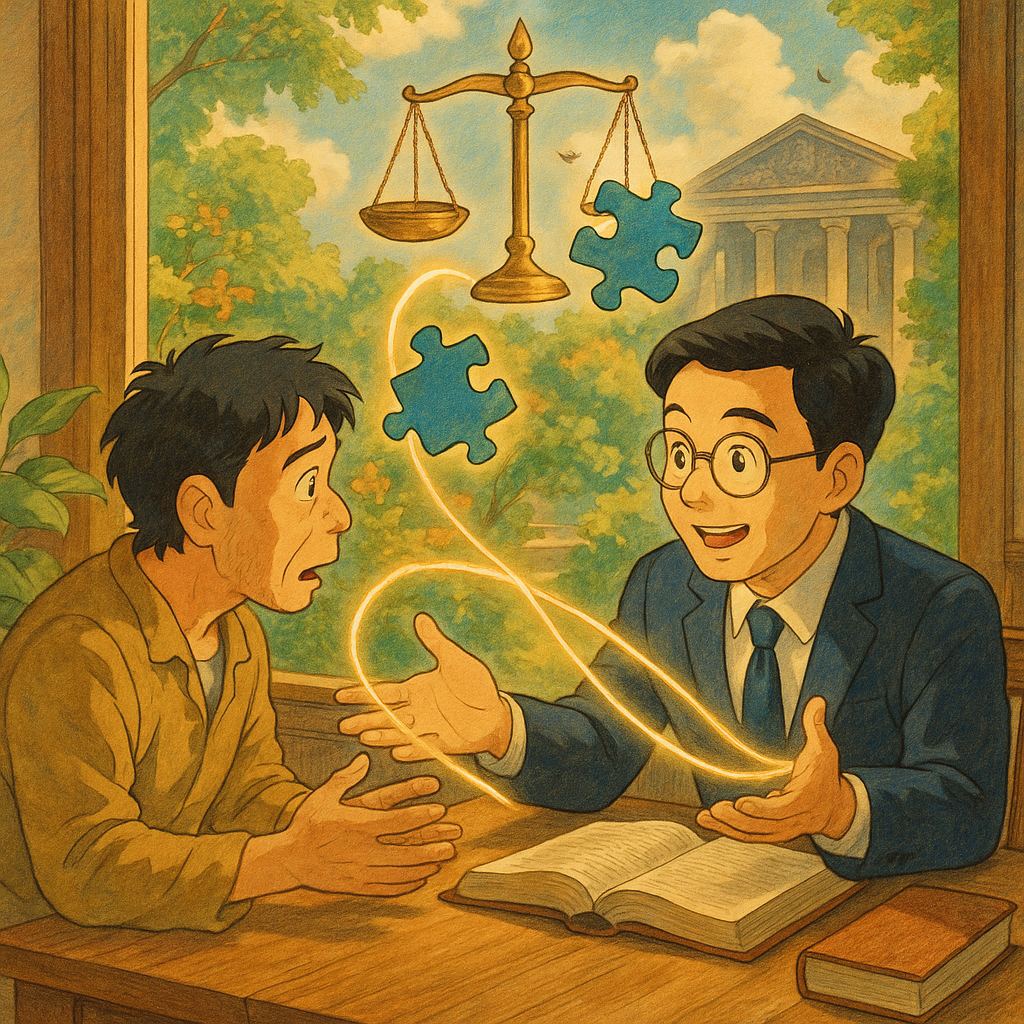 吉卜力風格高解析插畫：溫暖自然光下，台灣律師與當事人表情豐富於木桌諮詢；天光中漂浮天秤、拼圖與發光絲線連結雙手，象徵幫助犯；手繪質感，庭院與法庭幻景交融，魔幻卻寫實，畫面無文字。