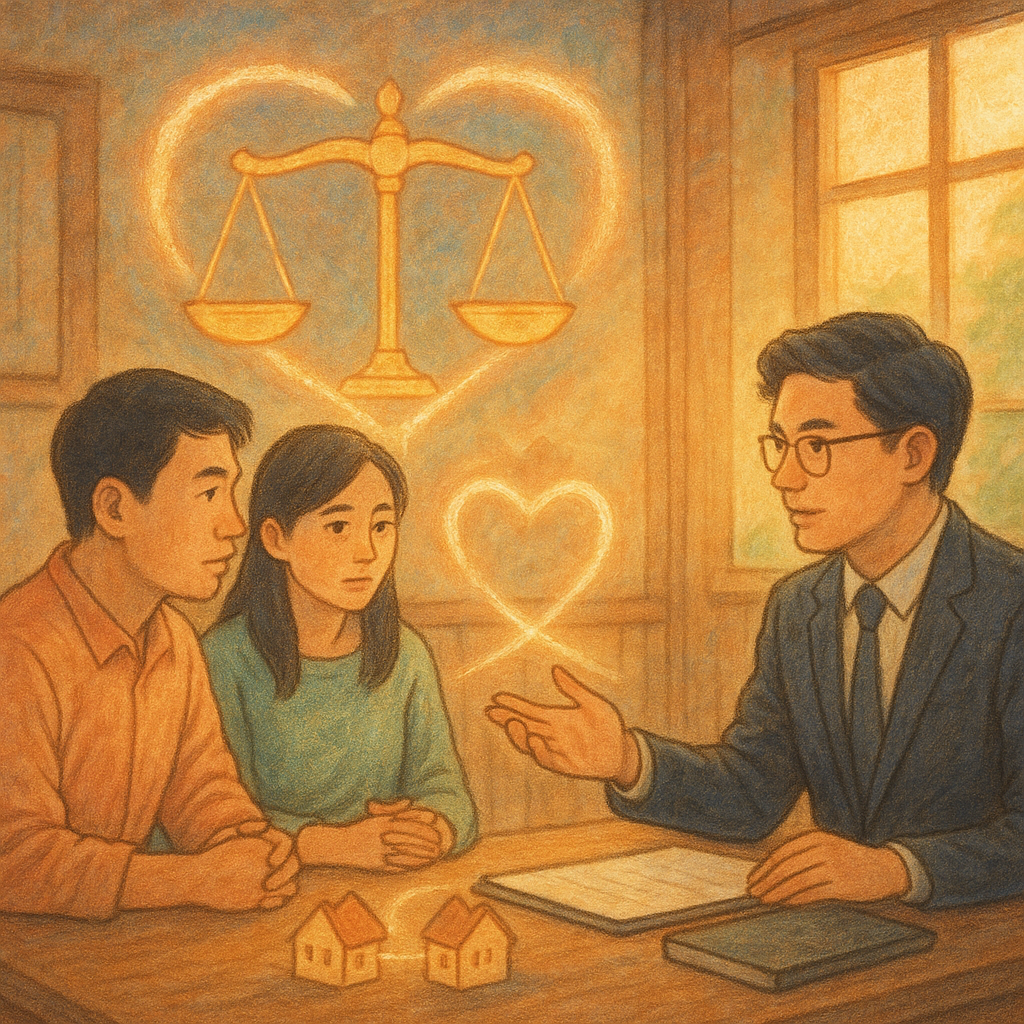 溫暖自然光下，台灣父母與專業律師在木質諮商室溝通；半透明天平、兩座小屋以光橋相連與心形光影環繞，象徵監護權與協議。手繪質感、柔色奇幻氛圍與電影感構圖，無文字。