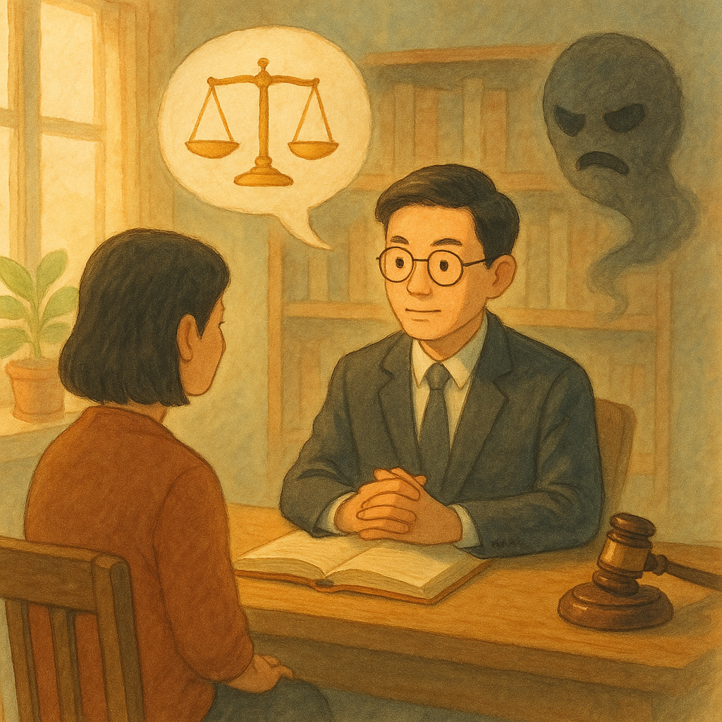 溫暖自然光中的律師事務所，兩位台灣人坐在木桌前諮詢；柔和手繪質感。空中漂浮的無字對話雲化作天秤與法槌，陰影面具在一旁遠離，象徵公然侮辱的壓力被化解，奇幻而療癒的吉卜力風格。