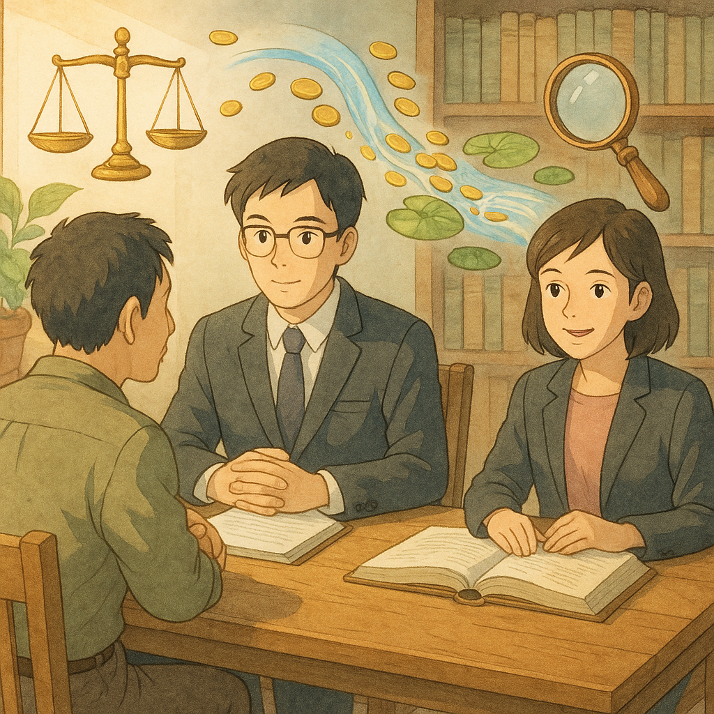 溫暖自然光下,兩位台灣律師與民眾於木質書桌諮詢;吉卜力感高解析度手繪場景、柔和色彩,金幣化作清泉與蓮葉流動,天平與放大鏡漂浮象徵洗錢罪實務問答,無文字。