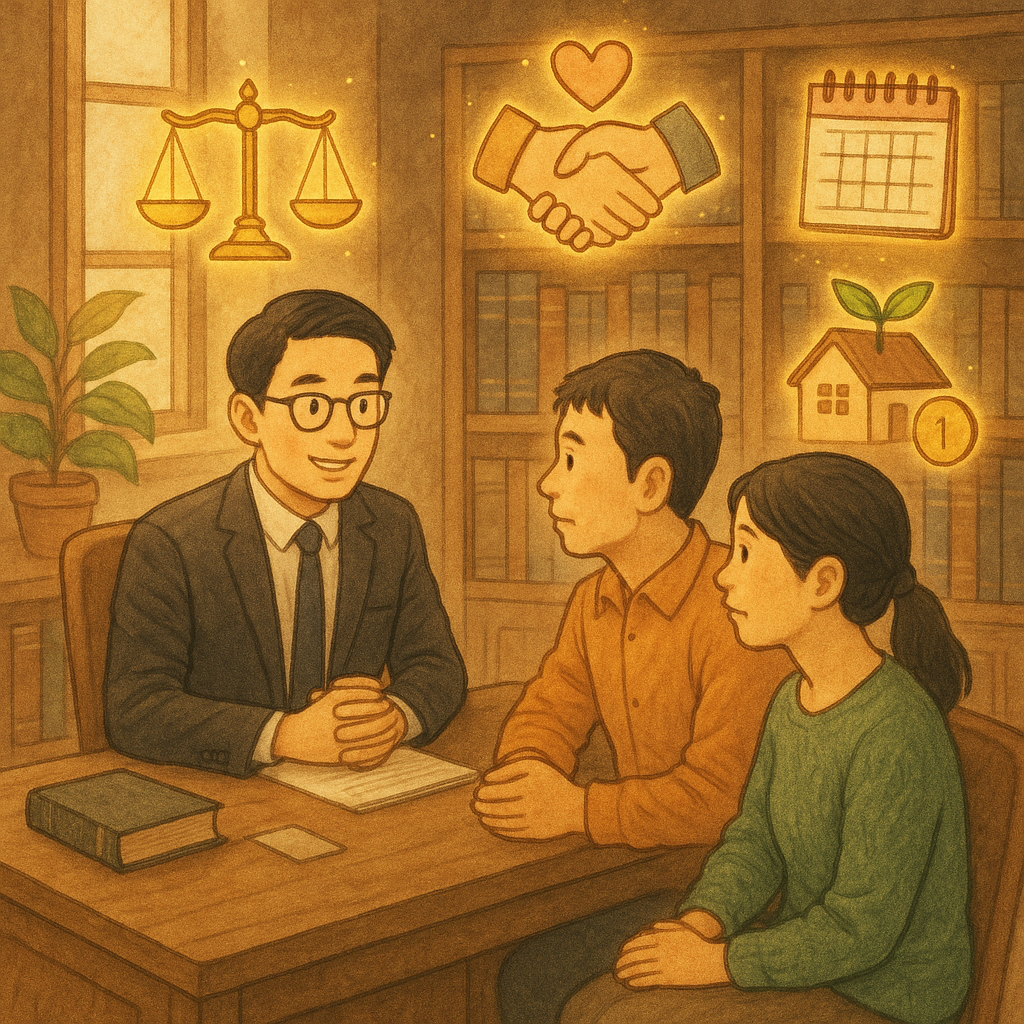 溫暖木質律所內,台灣律師與一對台灣父母溝通撫養費;窗光柔和,手繪質感。周圍漂浮發光的天秤、存錢筒、日曆、握手與心形、房屋與硬幣嫩芽等符號,象徵常見疑問與解答,帶點魔幻吉卜力氛圍,畫面無文字。