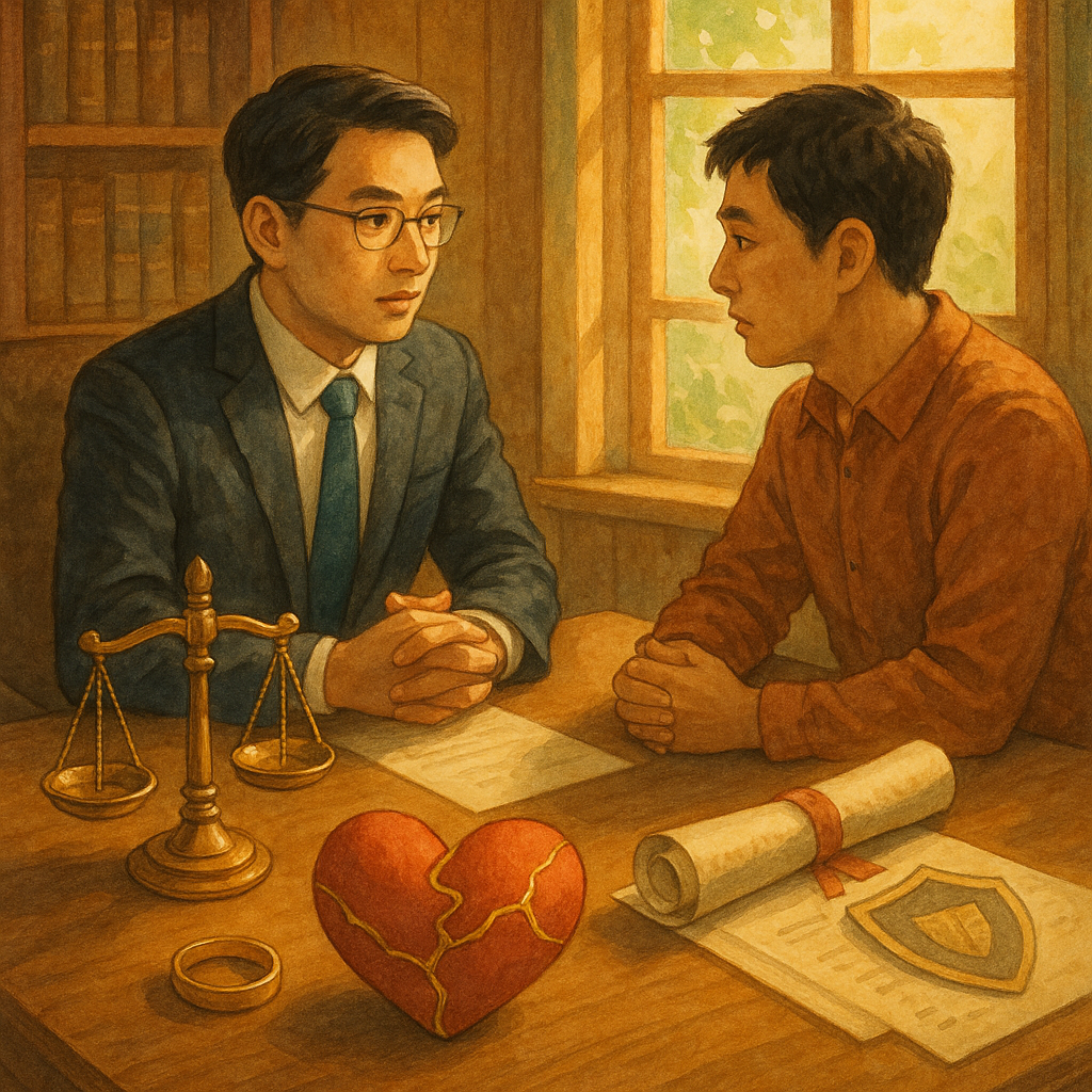 吉卜力式溫暖柔光、高解析手繪質感插畫:台灣人律師與當事人於木質事務所對談,表情專注,窗光灑落。桌上天秤、戒指與以金綫縫合的破碎心、合約卷軸與盾牌圖像環繞,象徵外遇求償結論的和解方向,無文字。