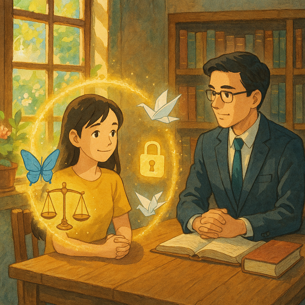 吉卜力風溫暖自然光下，台灣女當事人與專業律師在木質事務所對坐。窗邊花草、手繪質感。發光護盾環繞當事人，天平、鎖轉化為蝴蝶與紙鶴飄浮，象徵保障性自主與法律諮詢的希望。