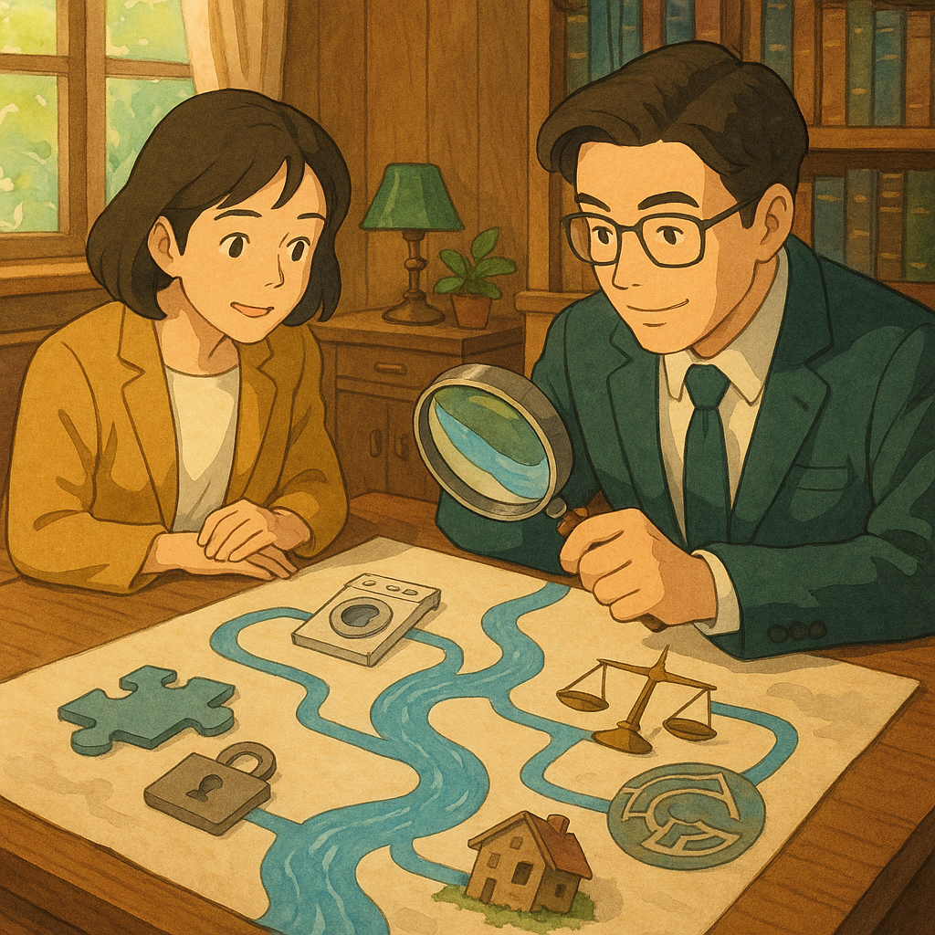 吉卜力風格電影感插畫:台灣律師與客戶在溫暖木質事務所,柔和色調與自然光下,以放大鏡追蹤資金河流;河道分岔連向洗衣機、天秤、迷宮與空殼小屋等符號,拼圖與鎖示意風險拆解與合規,手繪質感與奇幻,無文字。