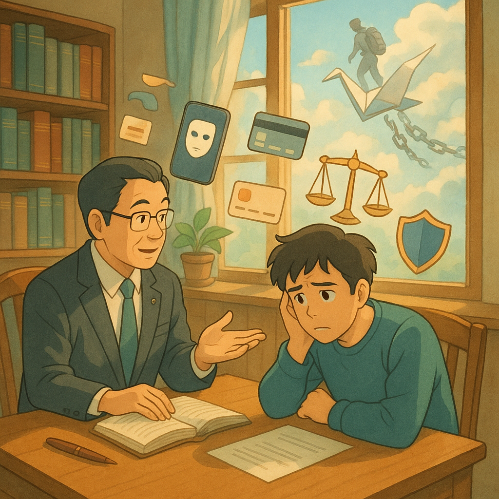 柔和色彩與自然光的吉卜力風高解析插畫,台灣律師與憂心青年在木質書房諮詢,桌邊漂浮手機面具銀行卡天秤盾牌等符號,窗外雲霧中一名背包的詐騙車手化作紙鶴與碎裂鎖鏈,寓意風險與法律指引。